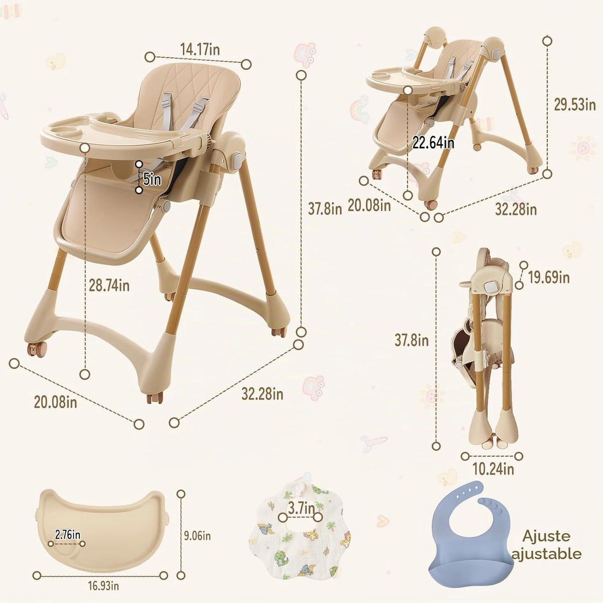 Sillas altas para bebés y niños pequeños, silla alta plegable con r...