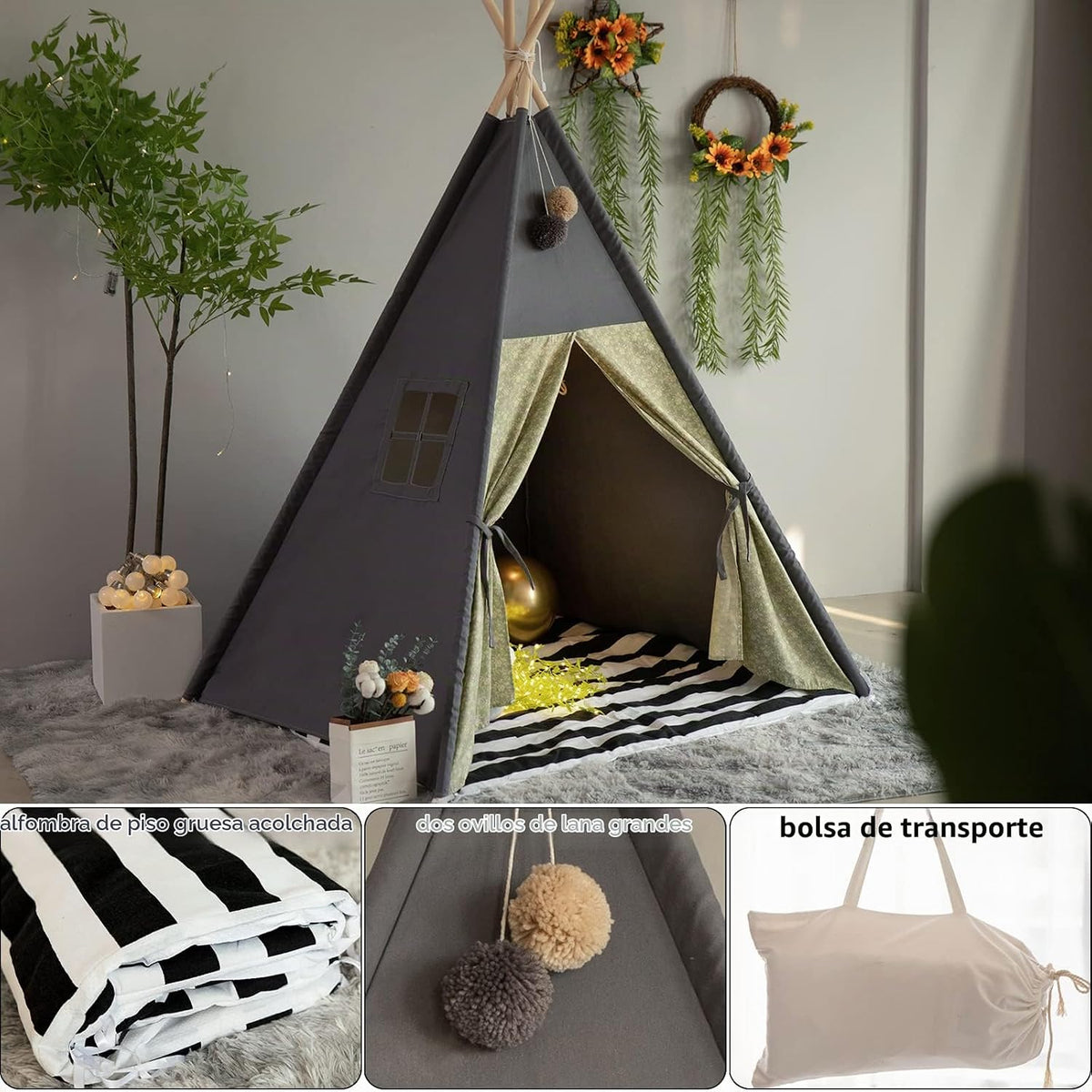 TreeBud Tienda de campaña tipo tipi para niños, alfombra acolchada...