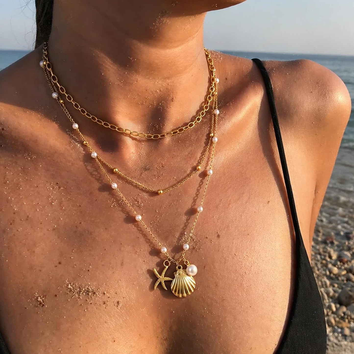 Collar de estrella de mar de playa de verano en capas para mujer, n...