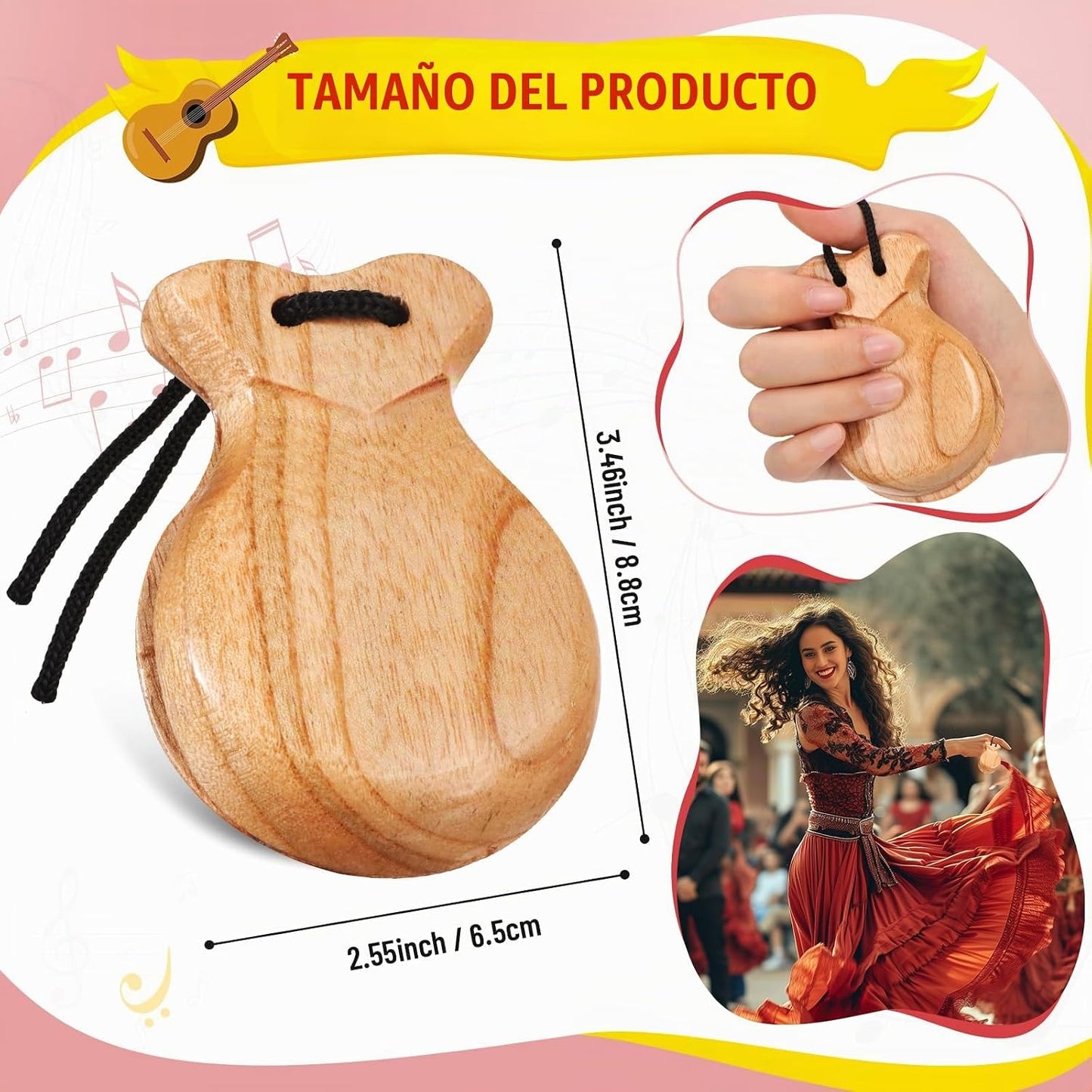 Motionchic Paquete de 2 castañuelas españolas de flamenco con cuerd...