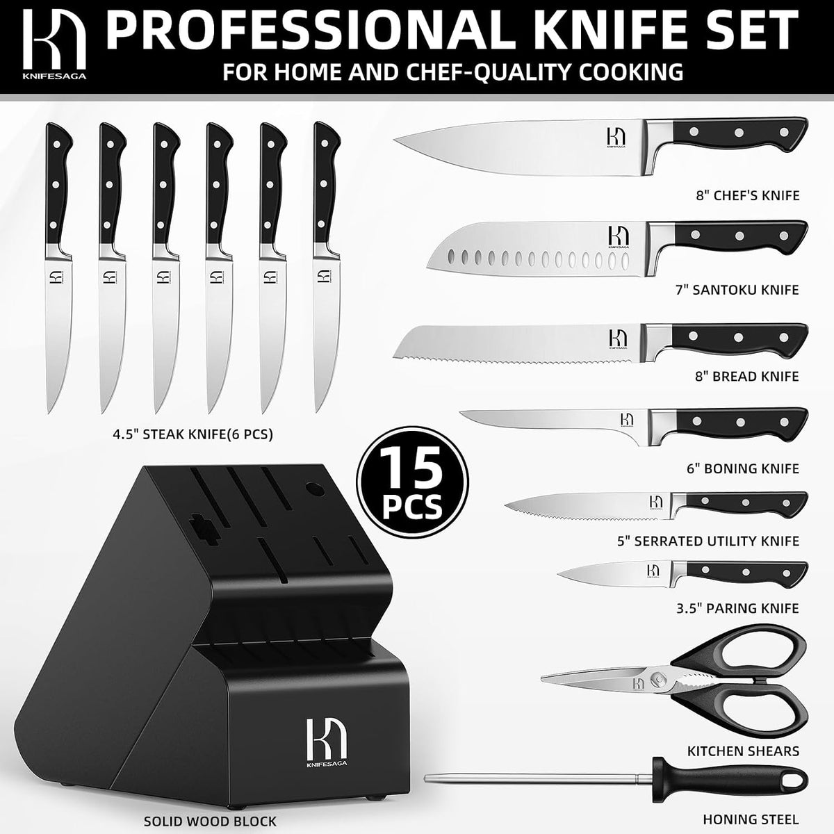 KnifeSaga Juego de cuchillos, juego de 15 piezas de bloque de cuchi...