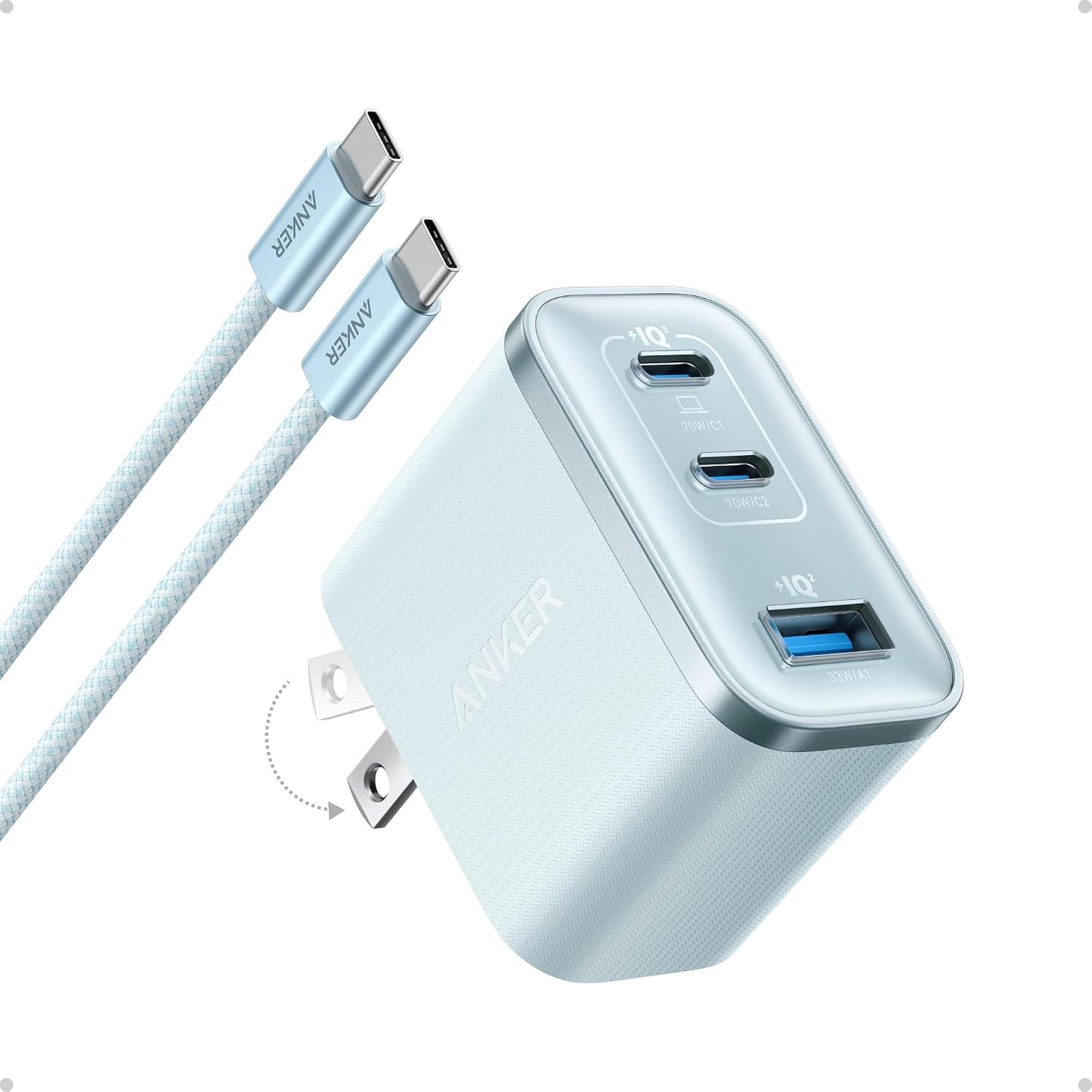 Anker Cargador rápido Nano 70W Max de 3 puertos USB C, cargador tip...