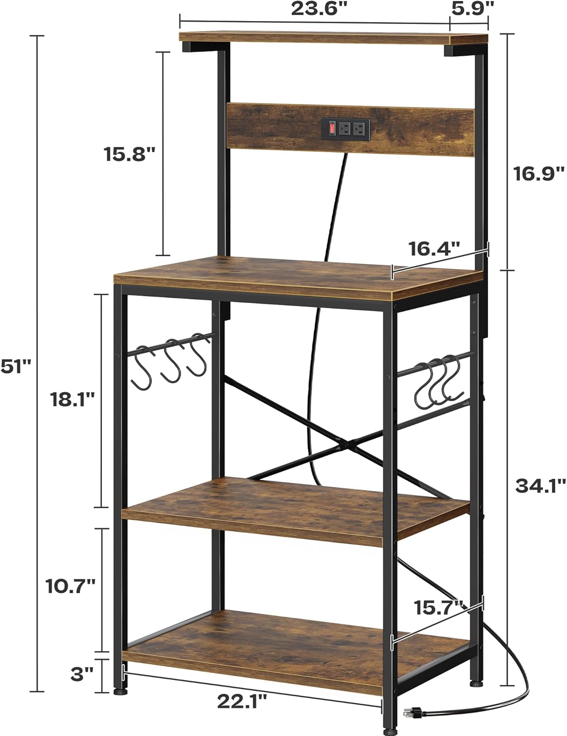SUPERJARE Estante de panadero de cocina con toma de corriente, mesa...