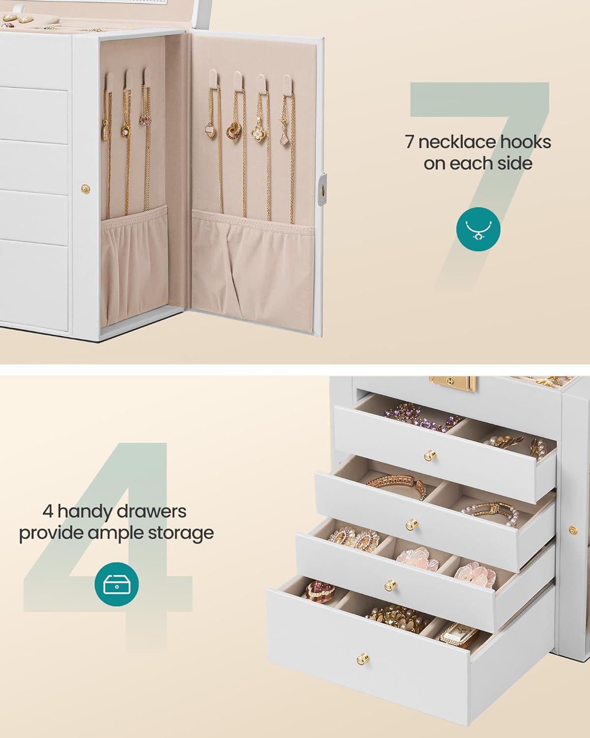 SONGMICS Organizador de joyero, 5 capas con 4 cajones, color blanco...