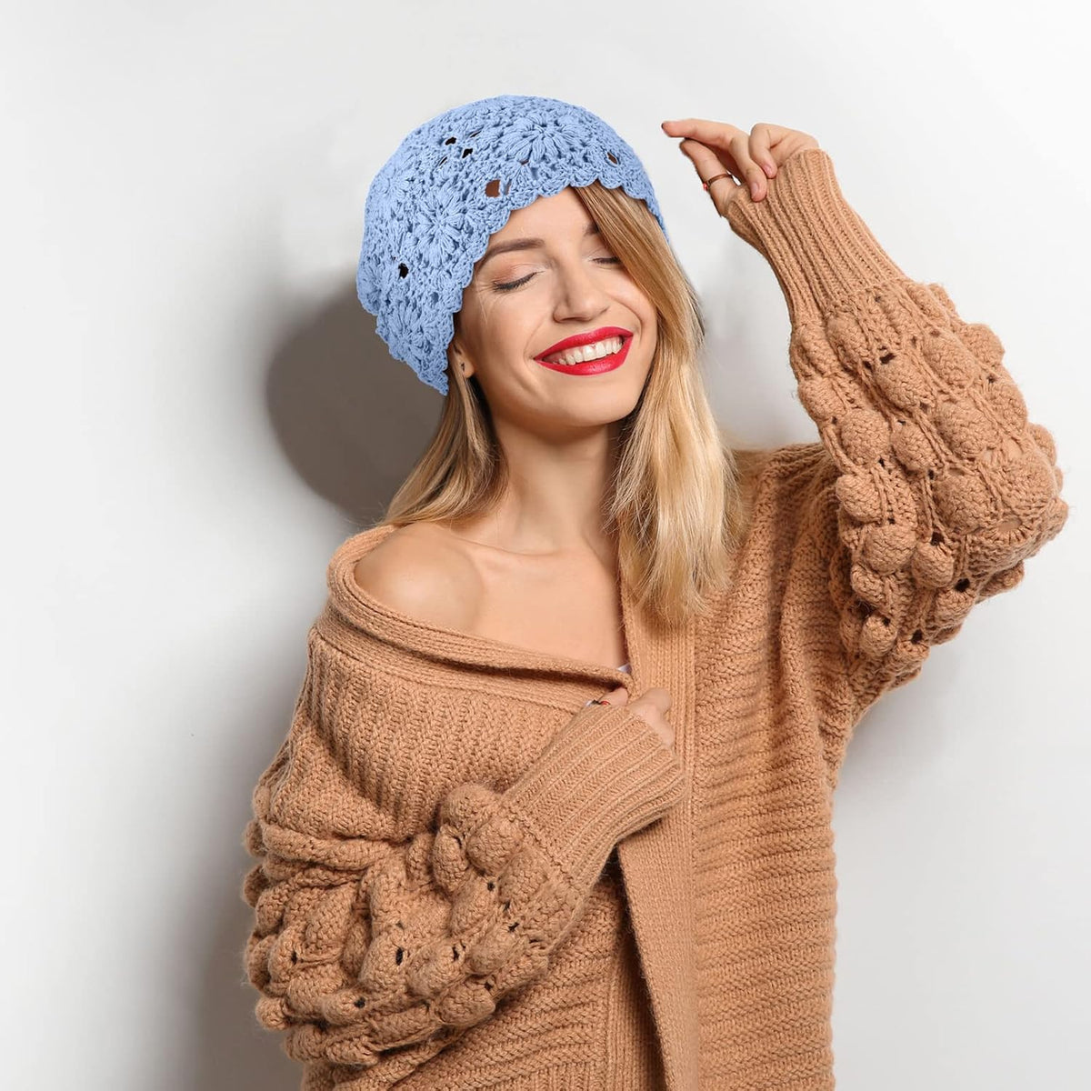 2 piezas de gorro holgado de ganchillo floral hecho a mano con cort...