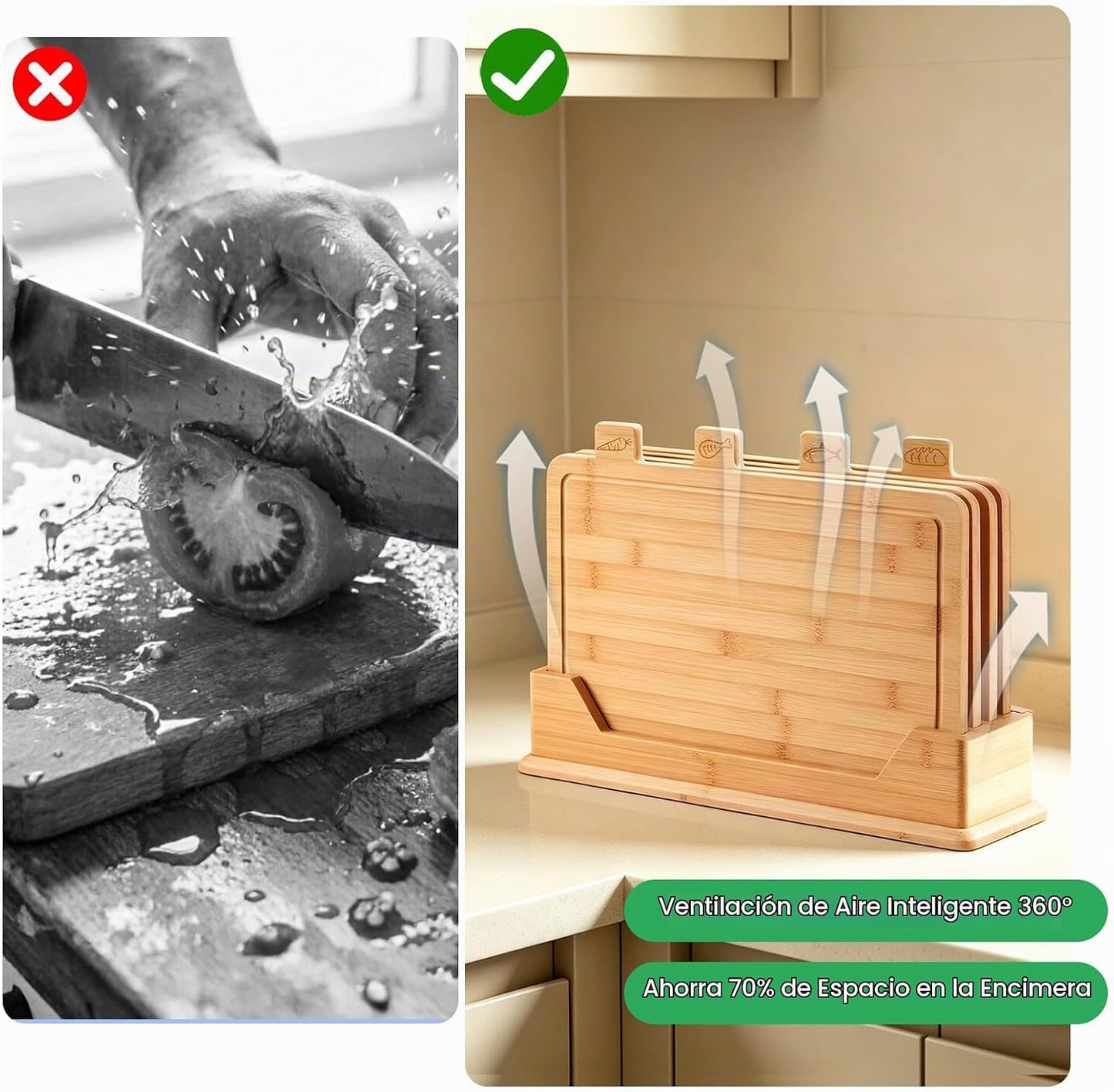 Juego de tablas de cortar de bambú etiquetadas con estante de almac...