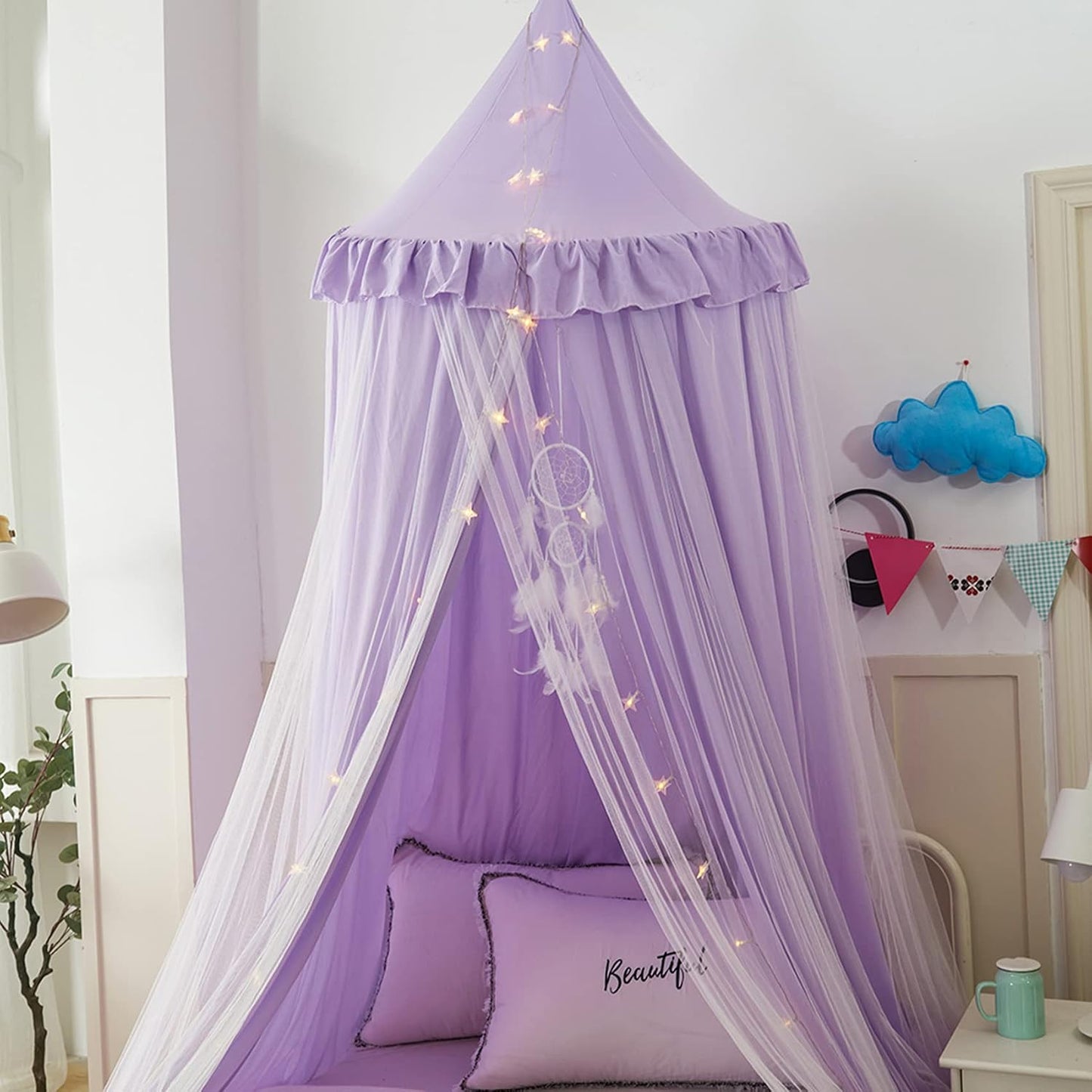 Dósel de cama con luces, doble capa, princesa, cúpula redonda, mosq...