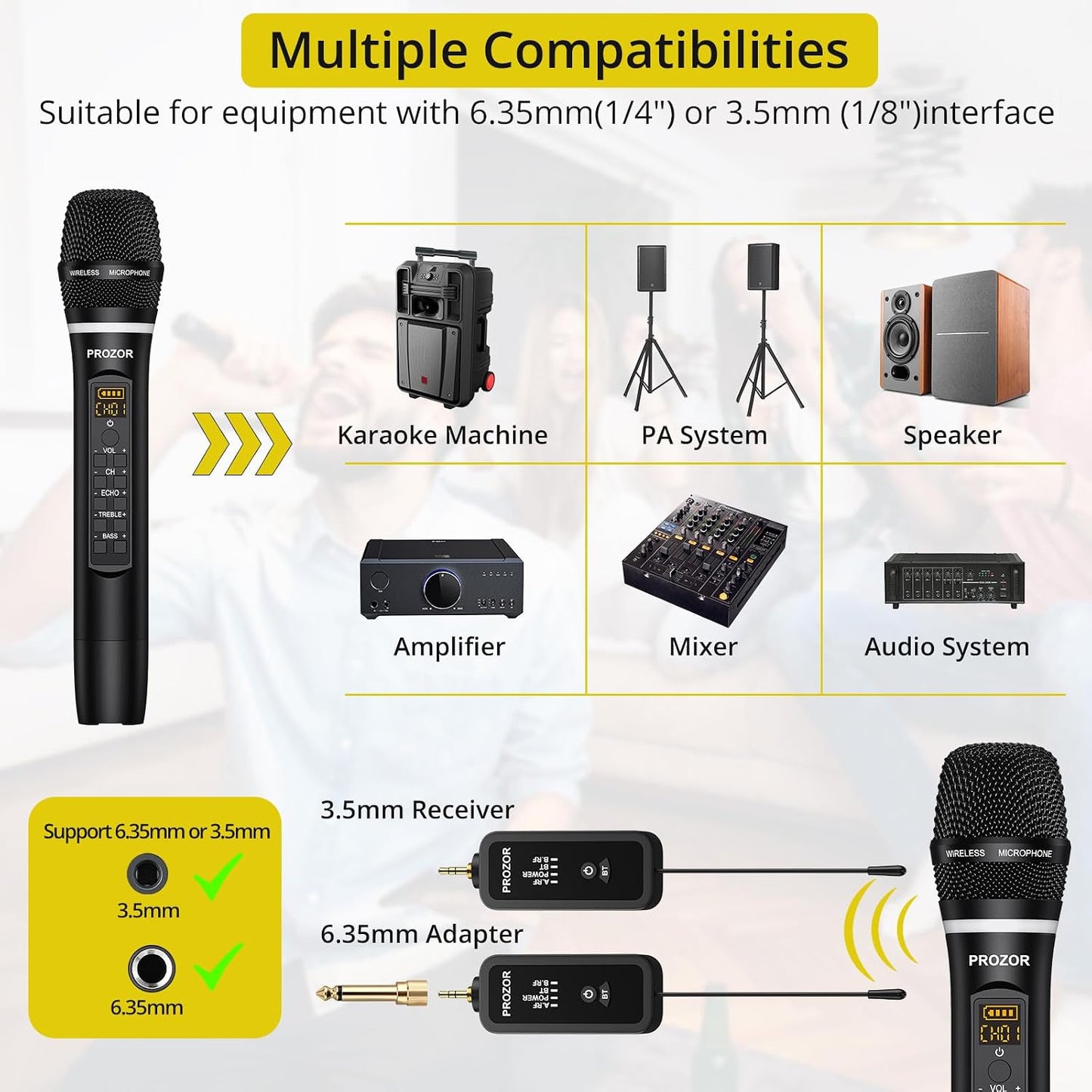 PROZOR Micrófono inalámbrico UHF con control de eco de graves agudo...