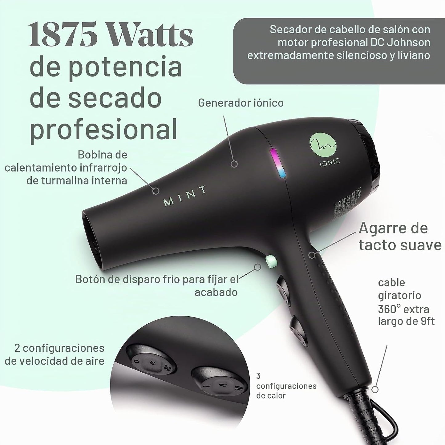 MINT Secador de pelo iónico infrarrojo Blackbird con difusor, 1875W...