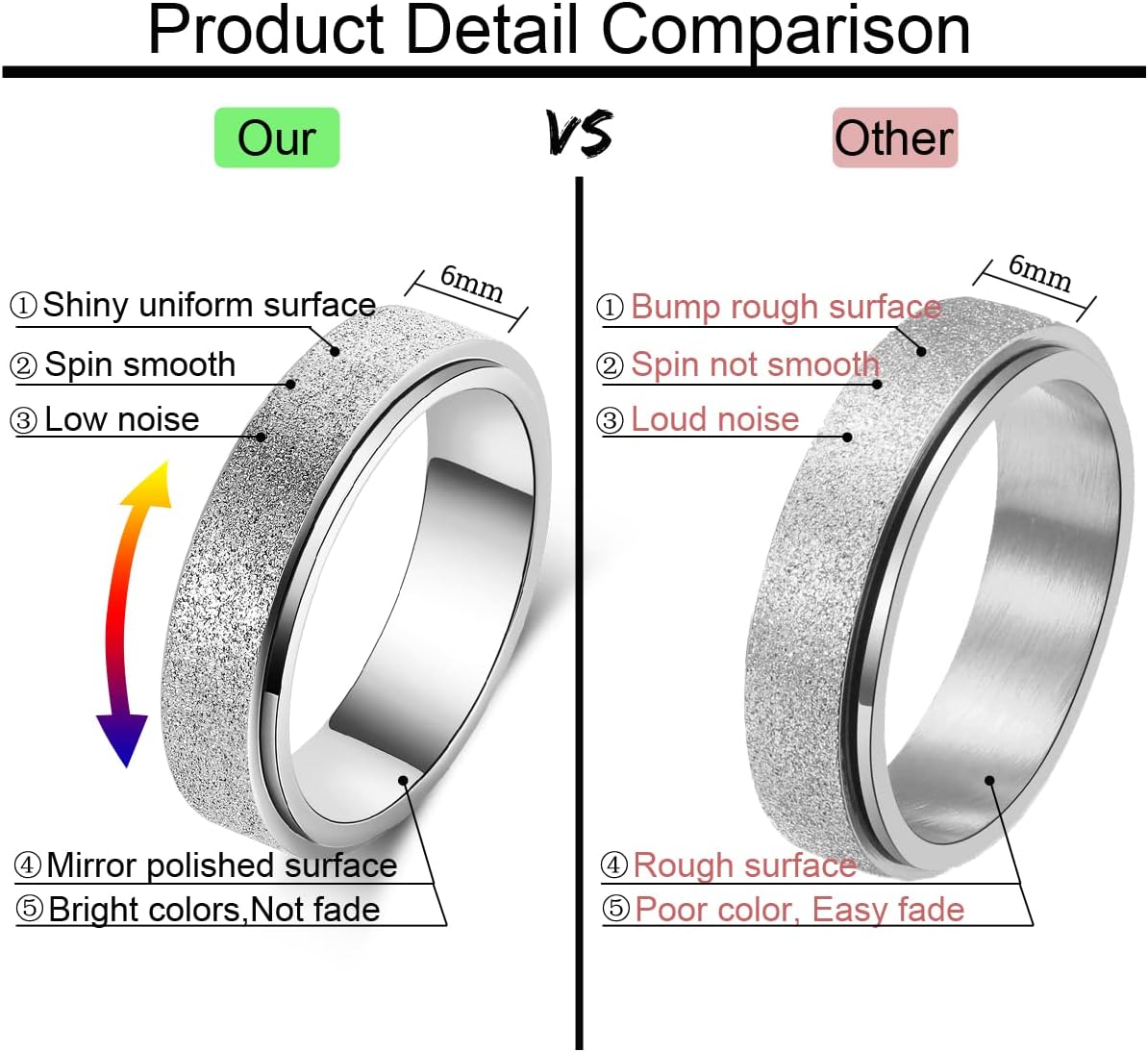 OreilleStar Anillo de ansiedad para mujer, anillo giratorio para an...