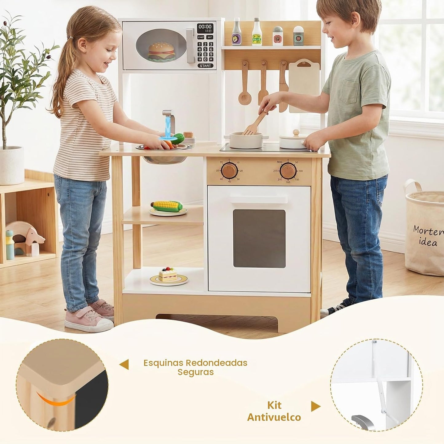 HONEY JOY Juego de cocina con pizarra, juego de cocina de madera pa...
