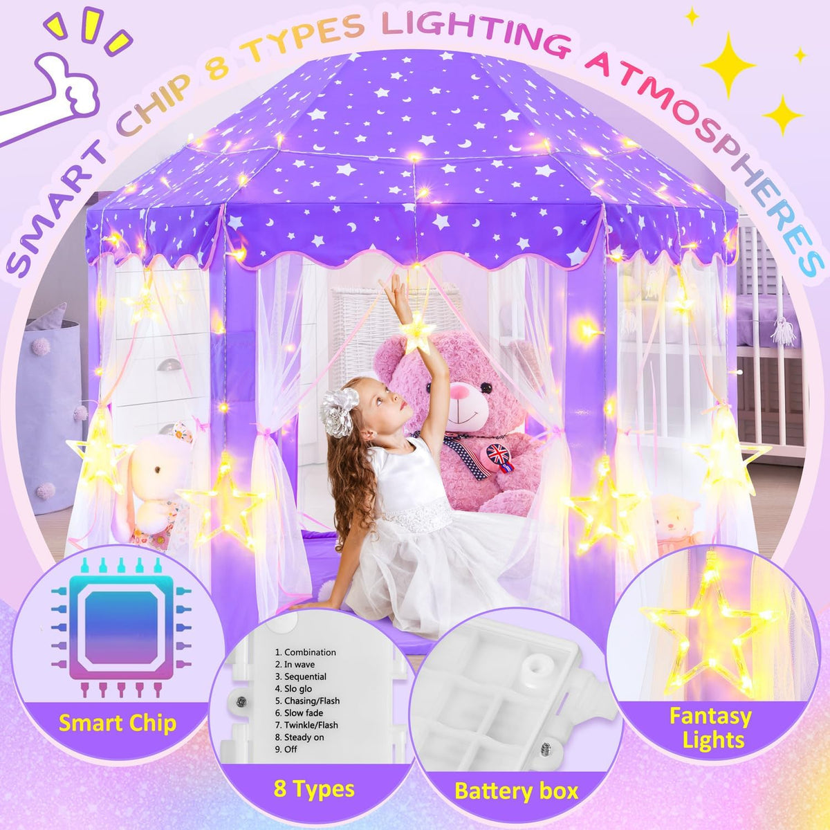 EVOIONOS Tienda de campaña de princesa púrpura para niñas, tienda d...