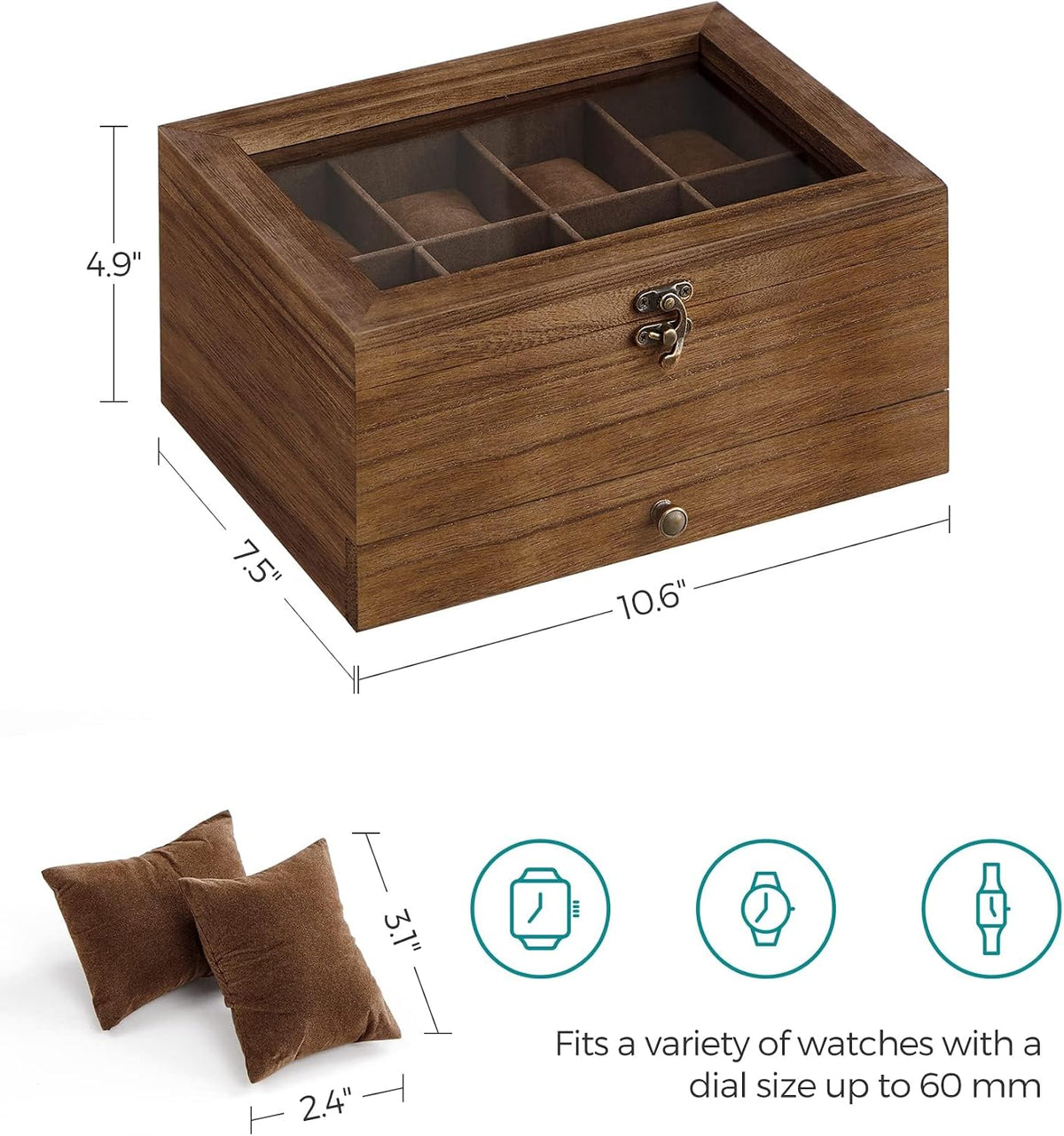 SONGMICS Caja de reloj de madera de 8 ranuras, vitrina con tapa de...