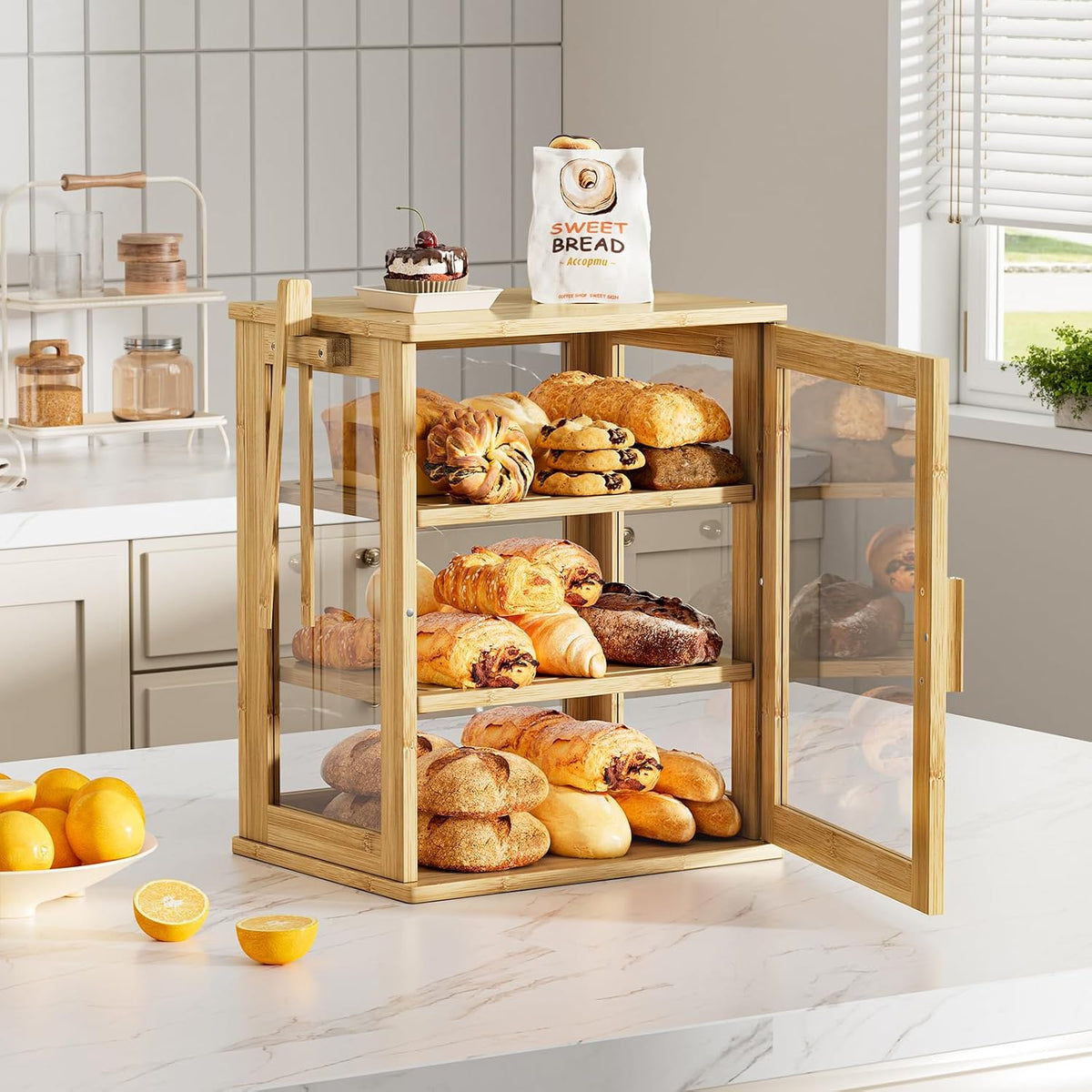WOWLIVE Caja de Pan de Bambú para Encimera de Cocina, Contenedor de...