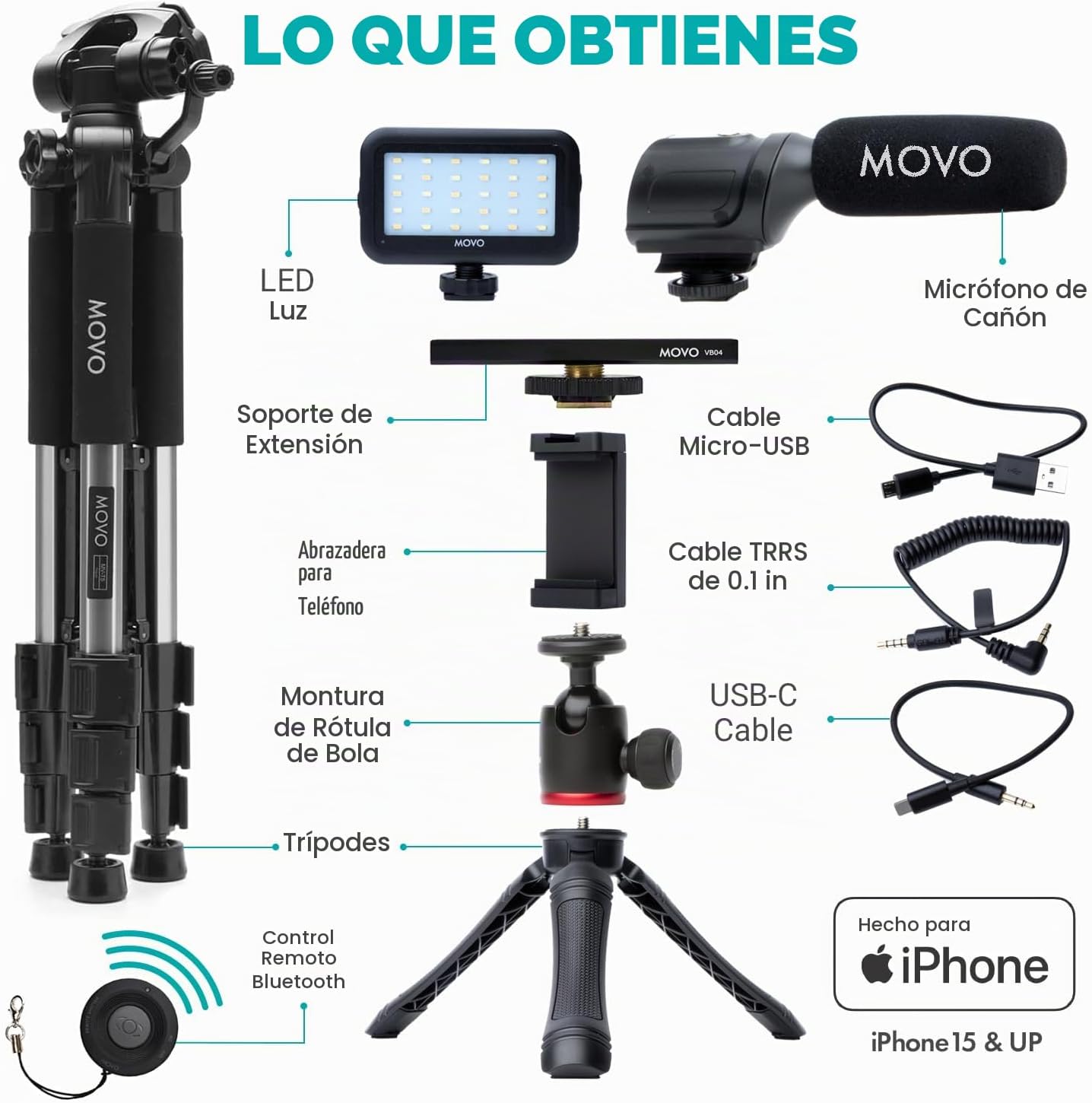 Kit de vlogging Movo USB-C para iPhone 15 con trípode de tamaño com...