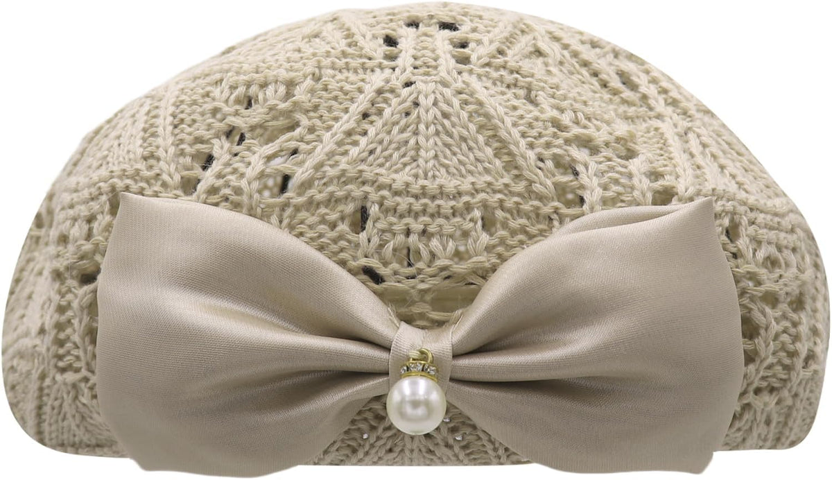 JASASCCEL Boina con lazo para mujer, elegante perla de punto de gan...