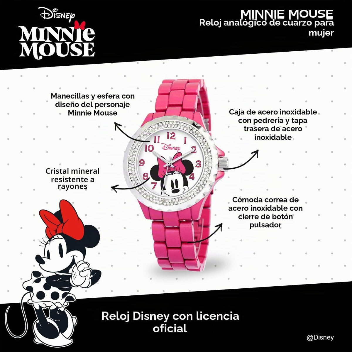 Reloj Disney Minnie Mouse para mujer, diseño clásico de Minnie Mous...