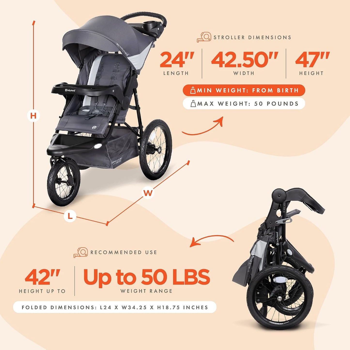Baby Trend Expedition® Zero Flat Jogger con luces LED, Dash Gris |...