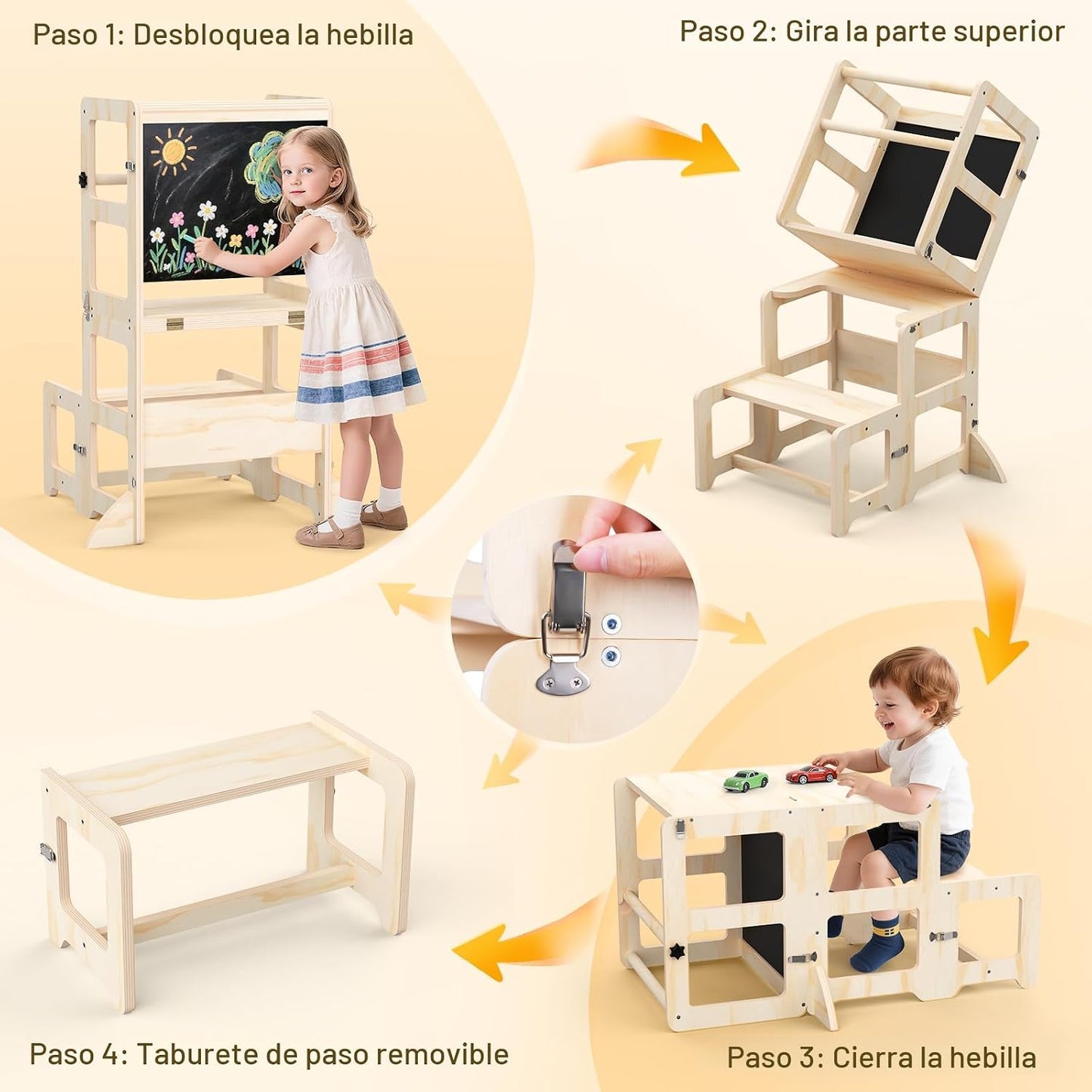 Taburete de cocina para niños pequeños, torre plegable 4 en 1 con p...