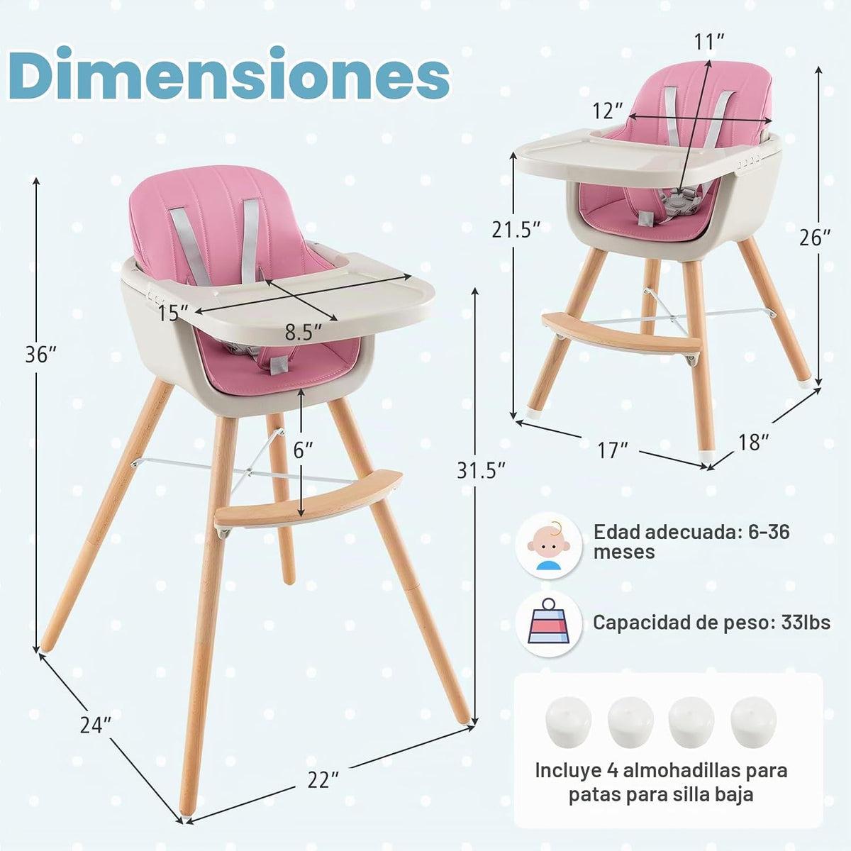 HONEY JOY Silla alta para bebé, silla alta 6 en 1 de madera Eat &am...
