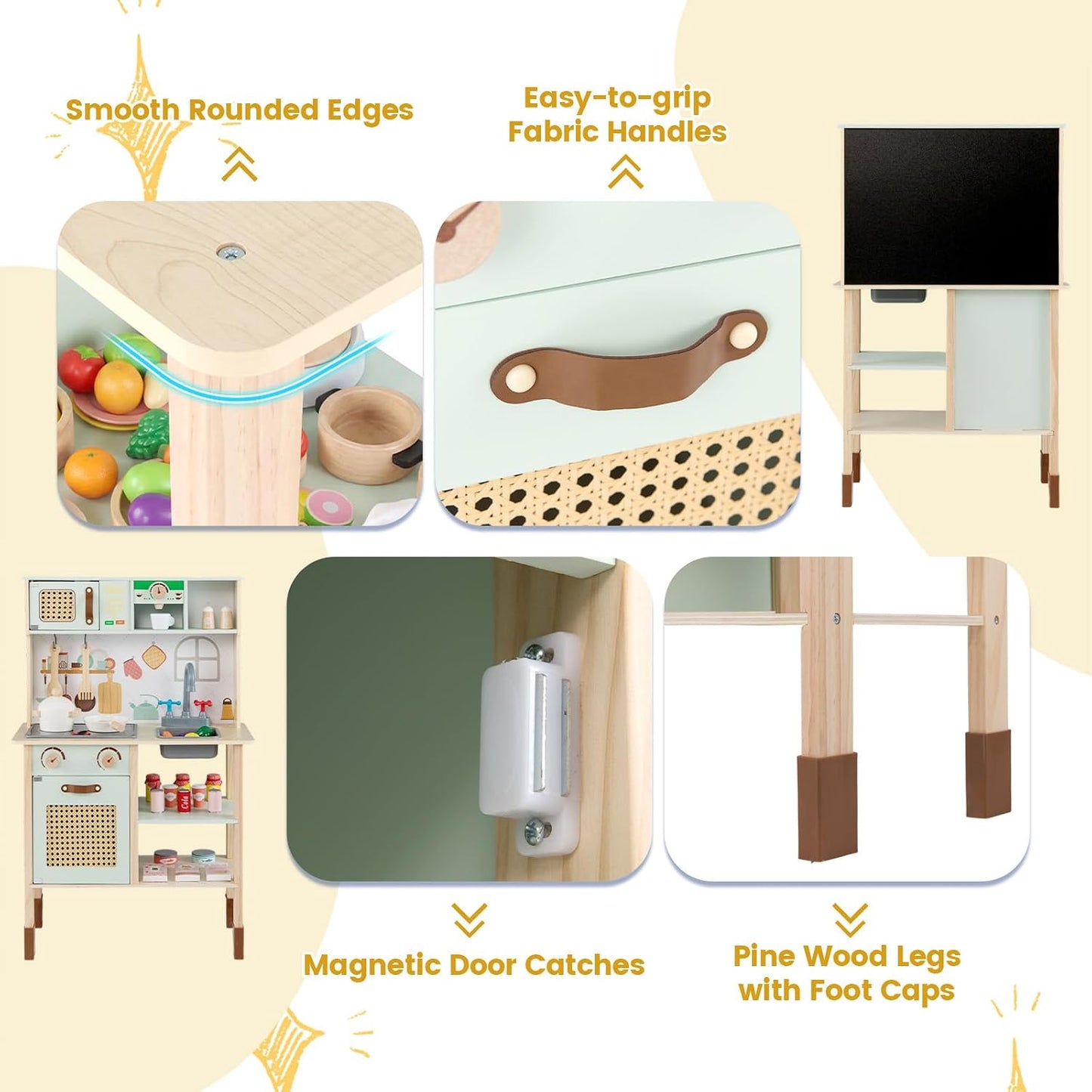 HONEY JOY Juego de cocina con pizarra, juego de cocina de madera de...