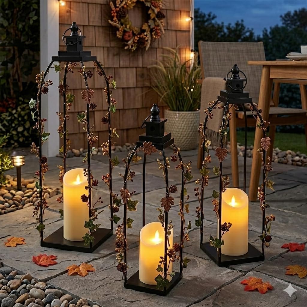DARJEN Juego de 3 faroles decorativos de metal negro para velas, 16...