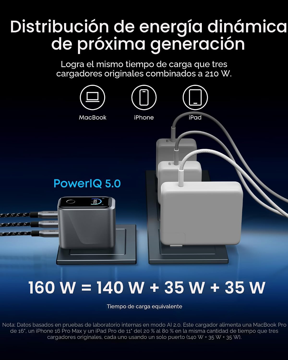 Anker Cargador Prime, cargador GaN de 3 puertos máximo de 160 W, pa...