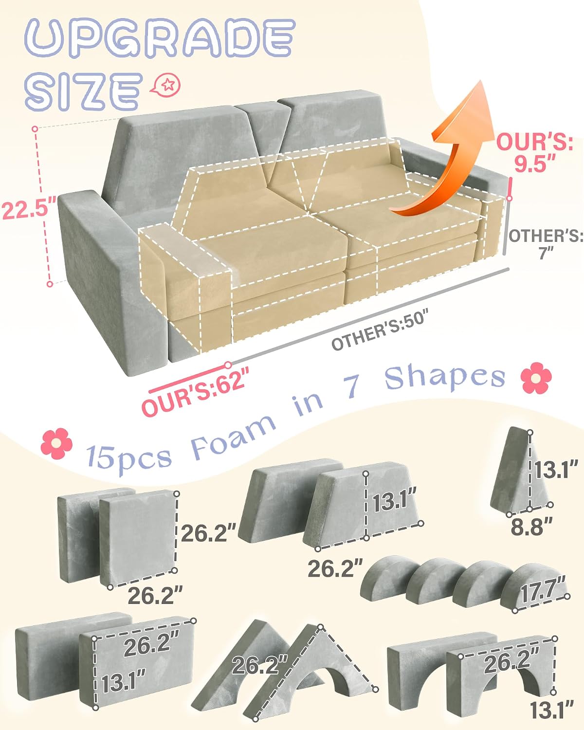 YEFU Sofá modular de 15 piezas para niños, sofá de espuma para niño...