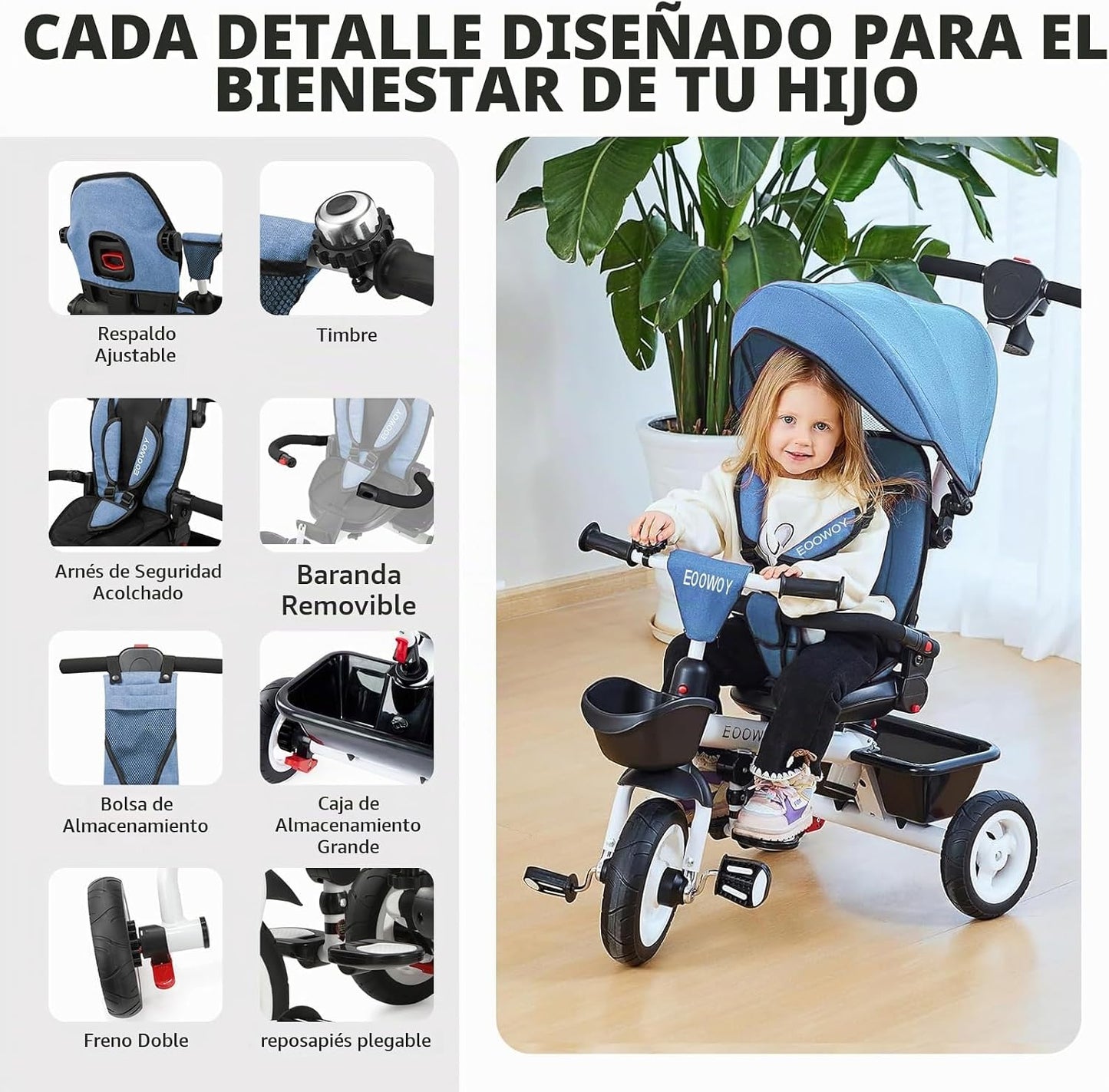EOOWOY Triciclo para niños pequeños con mango de empuje, Cochecito...