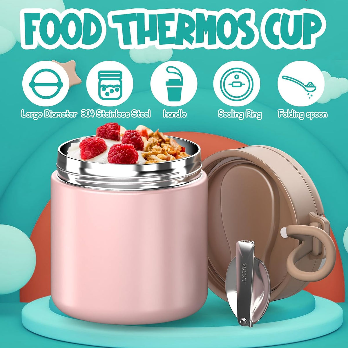 Termo para niños de comida caliente - 15.2oz con cuchara plegable y...