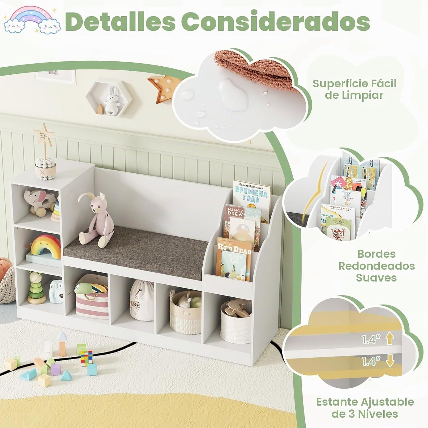 Costzon Estantería infantil de 53.5 pulgadas con rincón de lectura,...