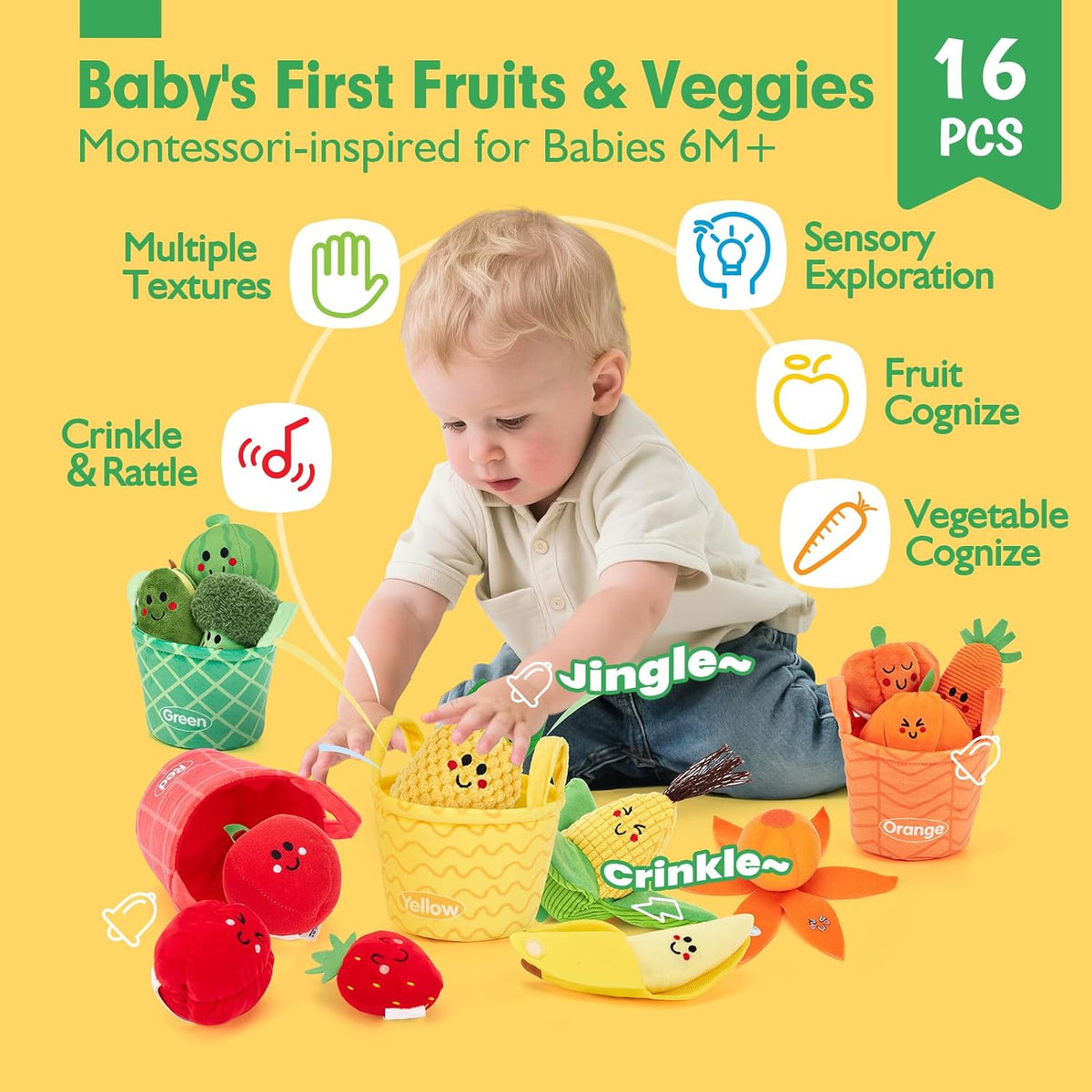 Hahaland Juguetes sensoriales para bebés - 16 piezas Mi primera fru...