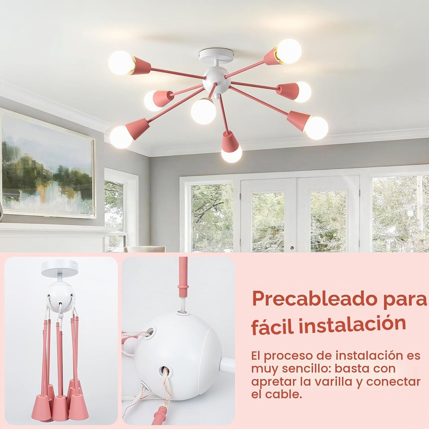 Lámpara de techo de araña Sputnik rosa, 8 luces de techo para niños...