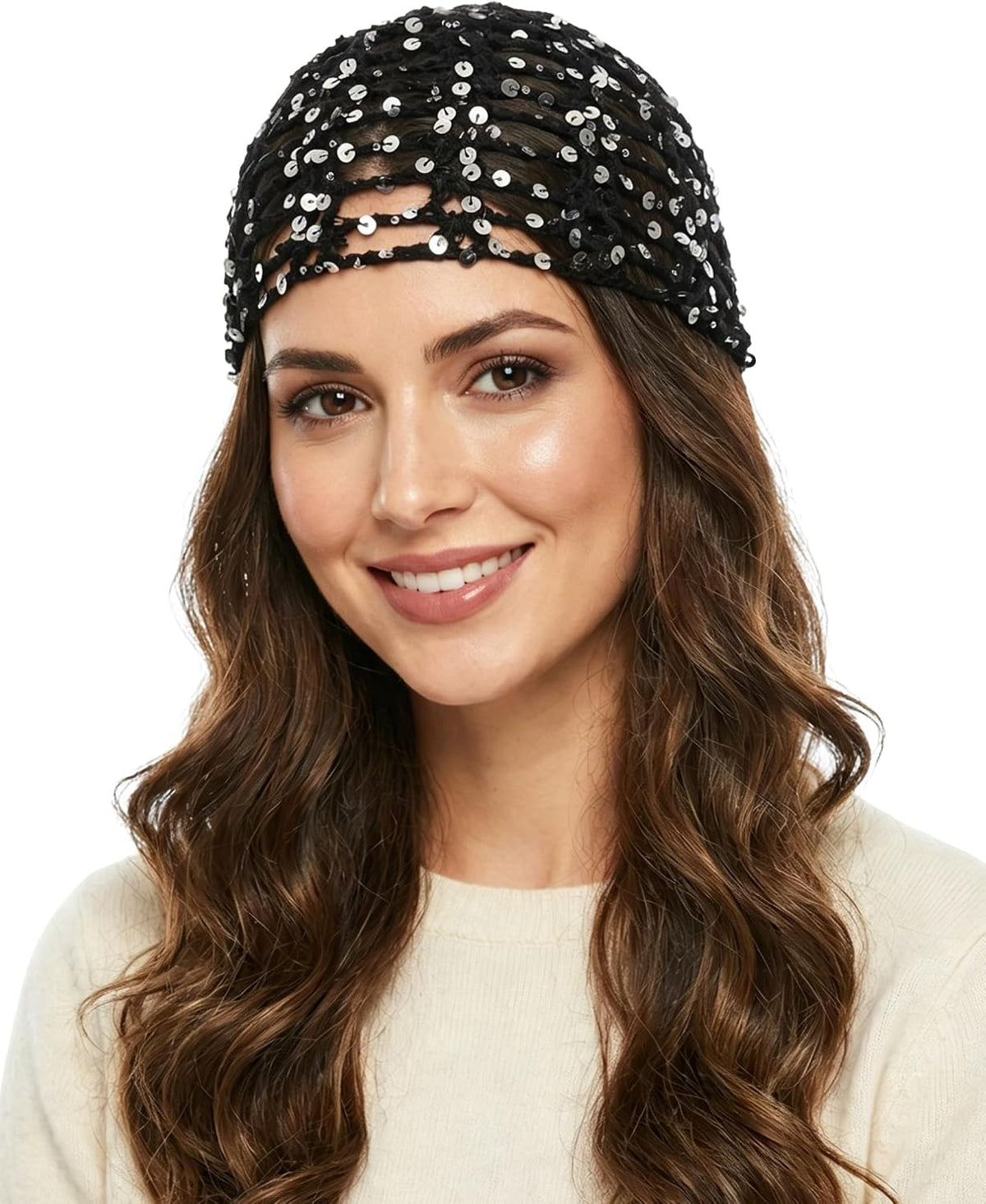 HENWASAI Gorro de ganchillo brillante para mujer con ribete de perl...