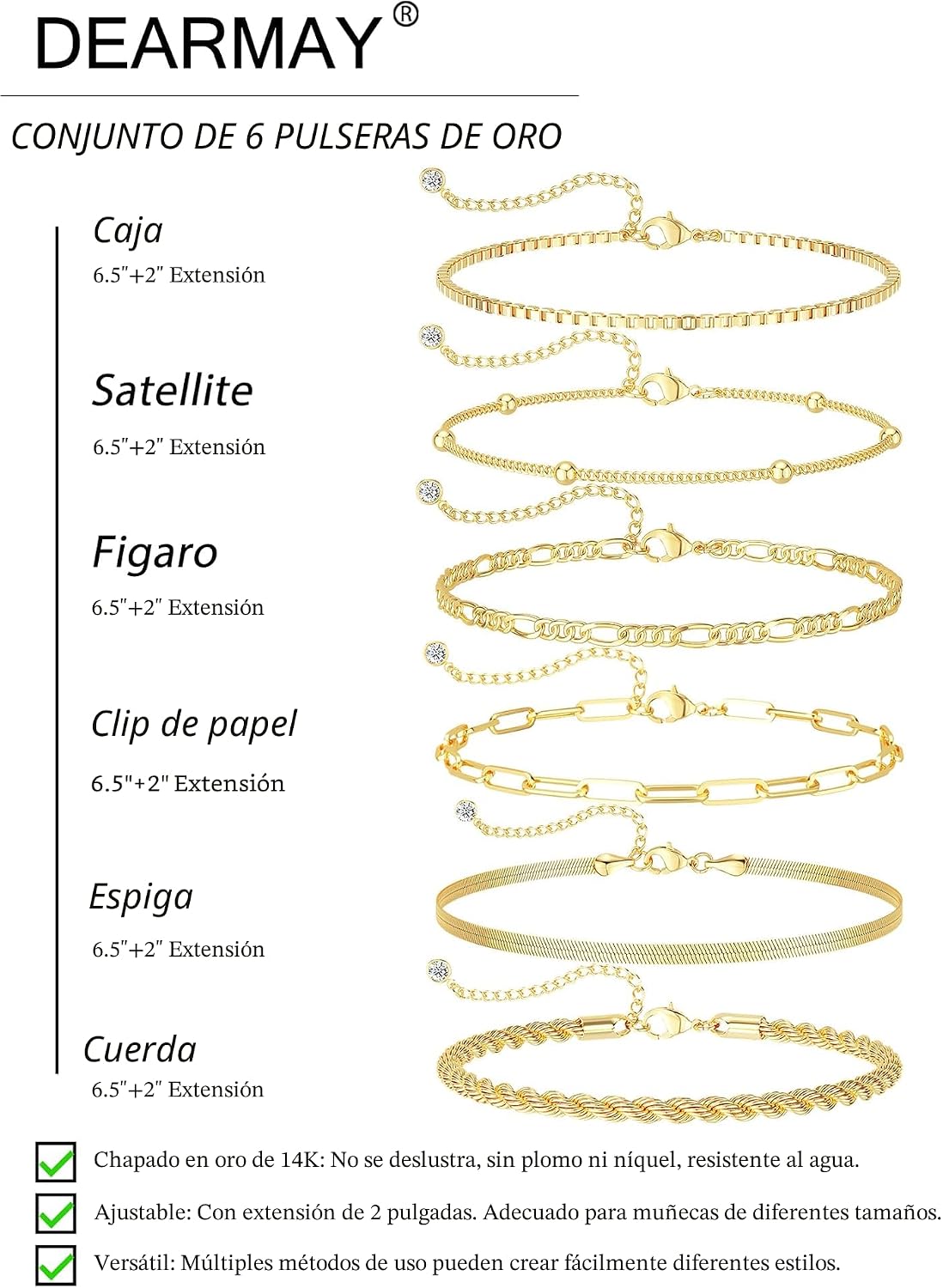 Dearmay Pulseras de oro para mujer, resistentes al agua, chapadas e...