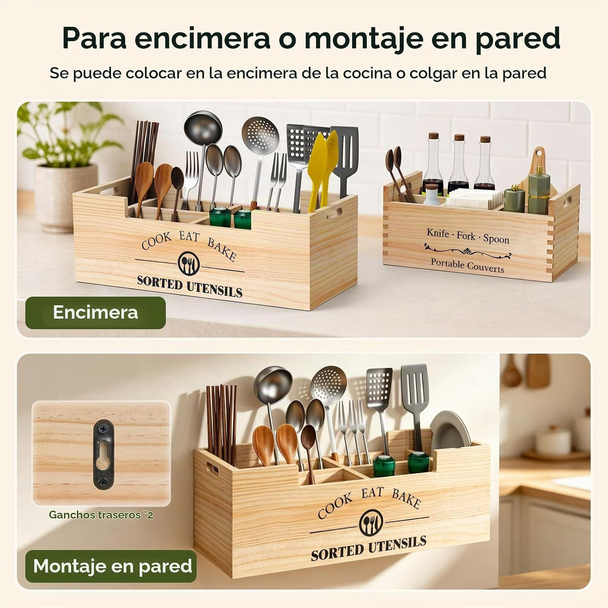 FOXHIVE Soporte extra grande para utensilios, 2 en 1, de madera de...