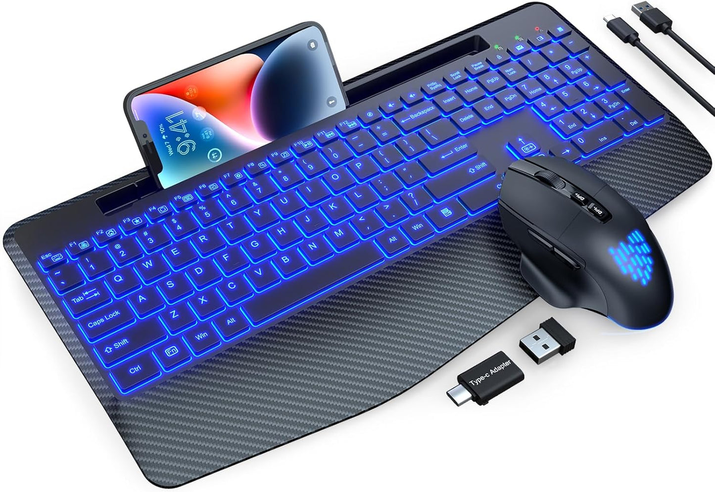 Teclado y Mouse Inalámbricos con Retroiluminación, Reposamuñecas, M...