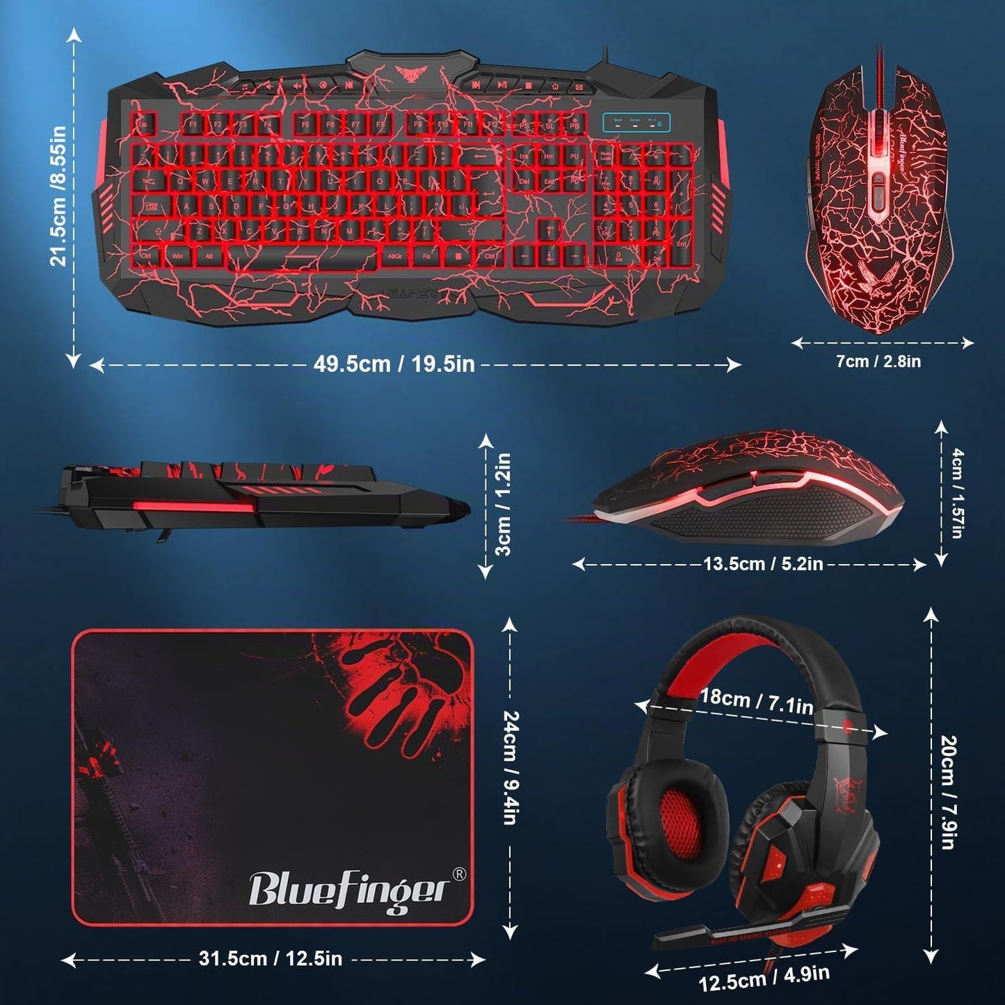 Combo de Teclado, Ratón y Auriculares para Juegos BlueFinger, Tecla...
