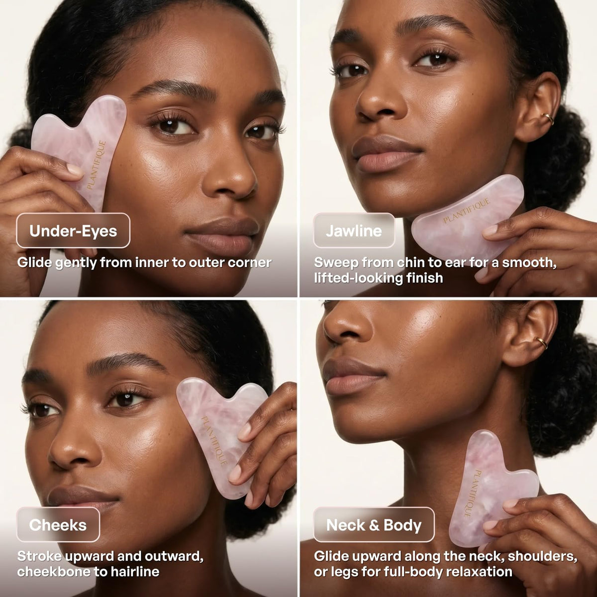 PLANTIFIQUE Herramienta Gua Sha de cuarzo rosa, masajeador facial a...