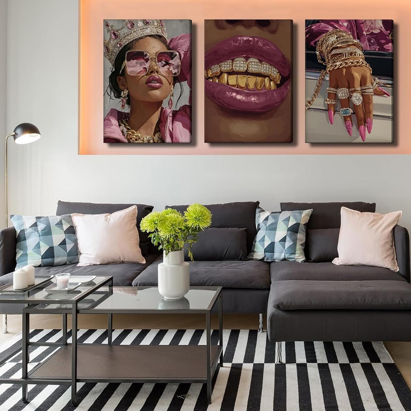 3 piezas de arte de pared en lona rosado con niña negra de lujo, de...