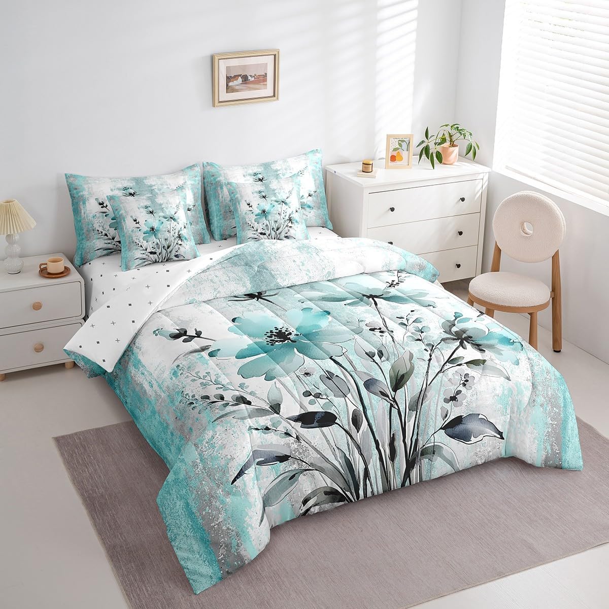 Erosebridal Ropa de cama Queen con Flores de Acuarela 7 Piezas para...