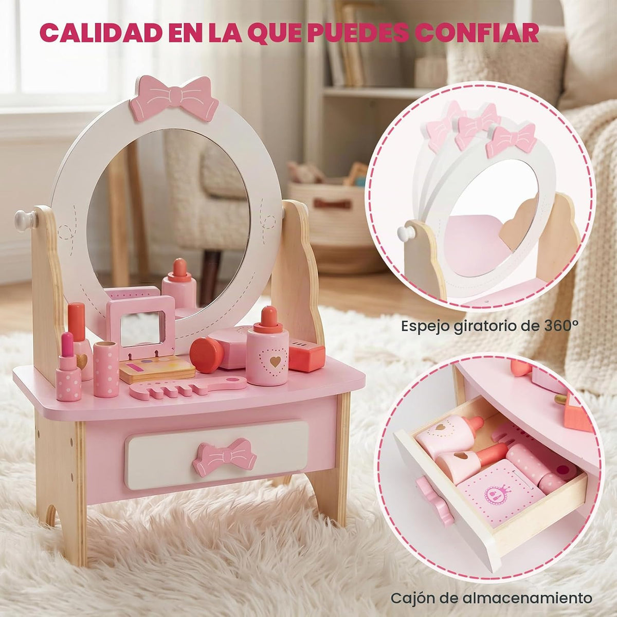 Juego de tocador de madera para niños, mesa de tocador de maquillaj...