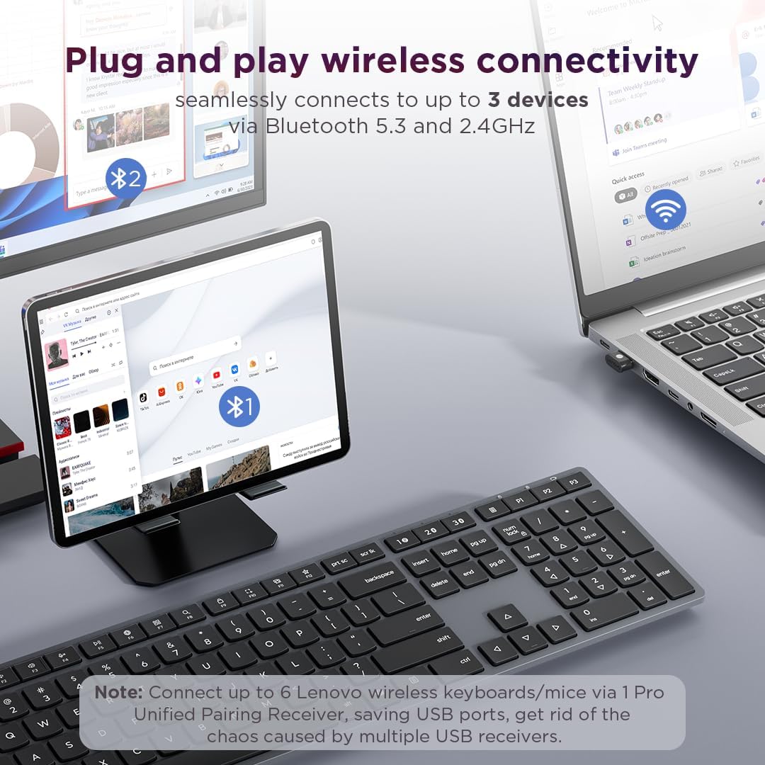 Teclado Inalámbrico Moderno Lenovo 700, Dongle 2.4 GHz y Conexión D...