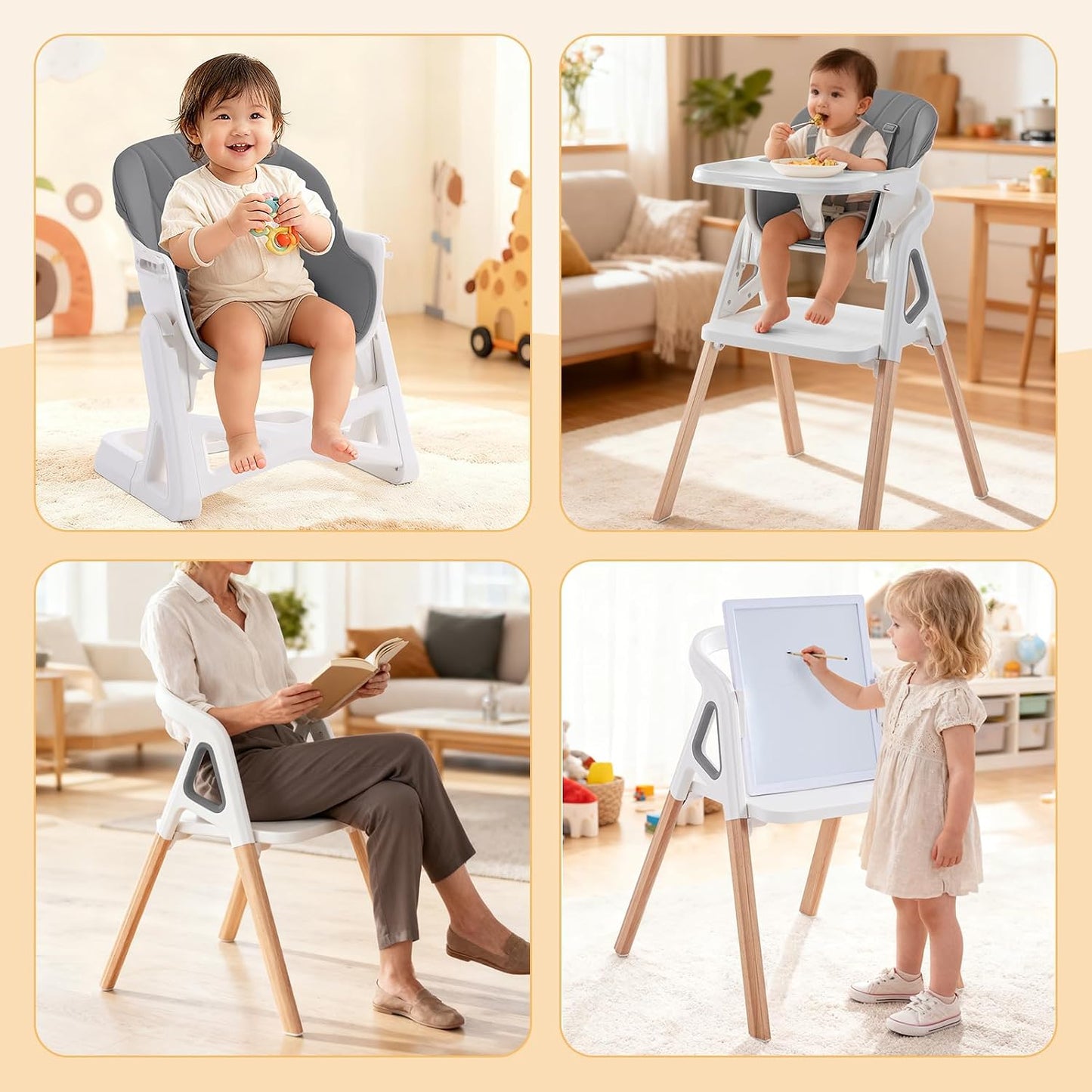 Silla alta para bebé, silla alta convertible de madera 4 en 1 para...