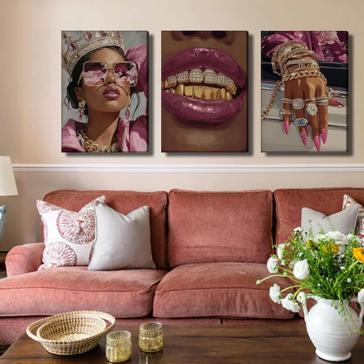 3 piezas de arte de pared en lona rosado con niña negra de lujo, de...
