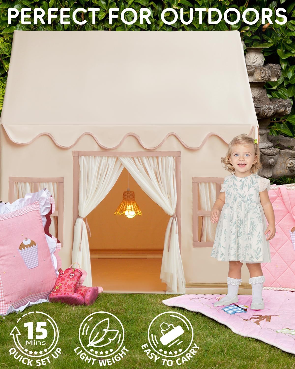 Tienda de campaña grande para niños con luces de estrellas, bandera...