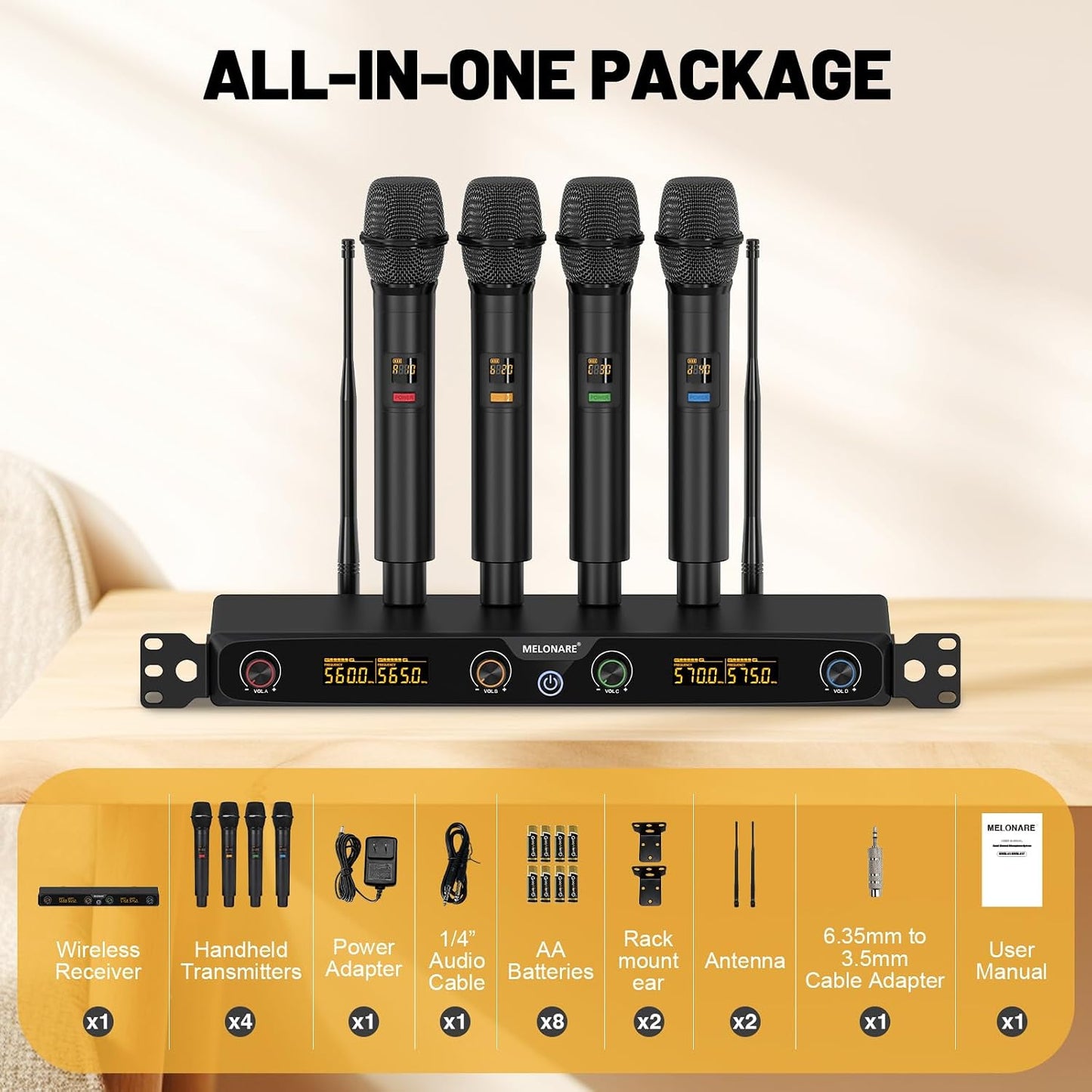 MELONARE Sistema de micrófono inalámbrico UHF de 4 canales para mon...