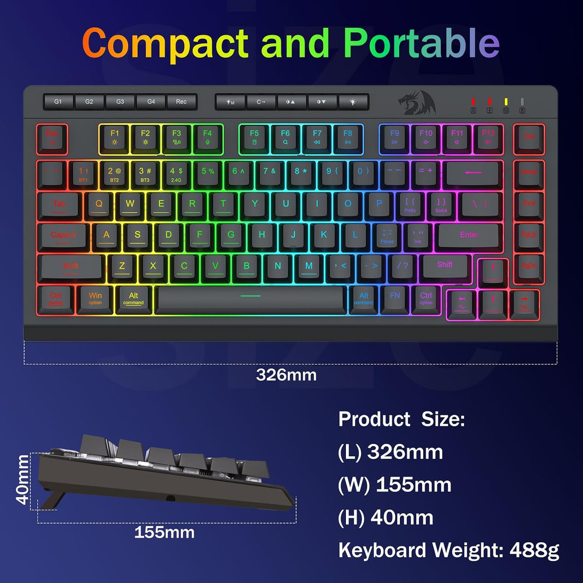 Redragon Teclado Inalámbrico Portátil para Juegos, Bluetooth\/2.4GH...