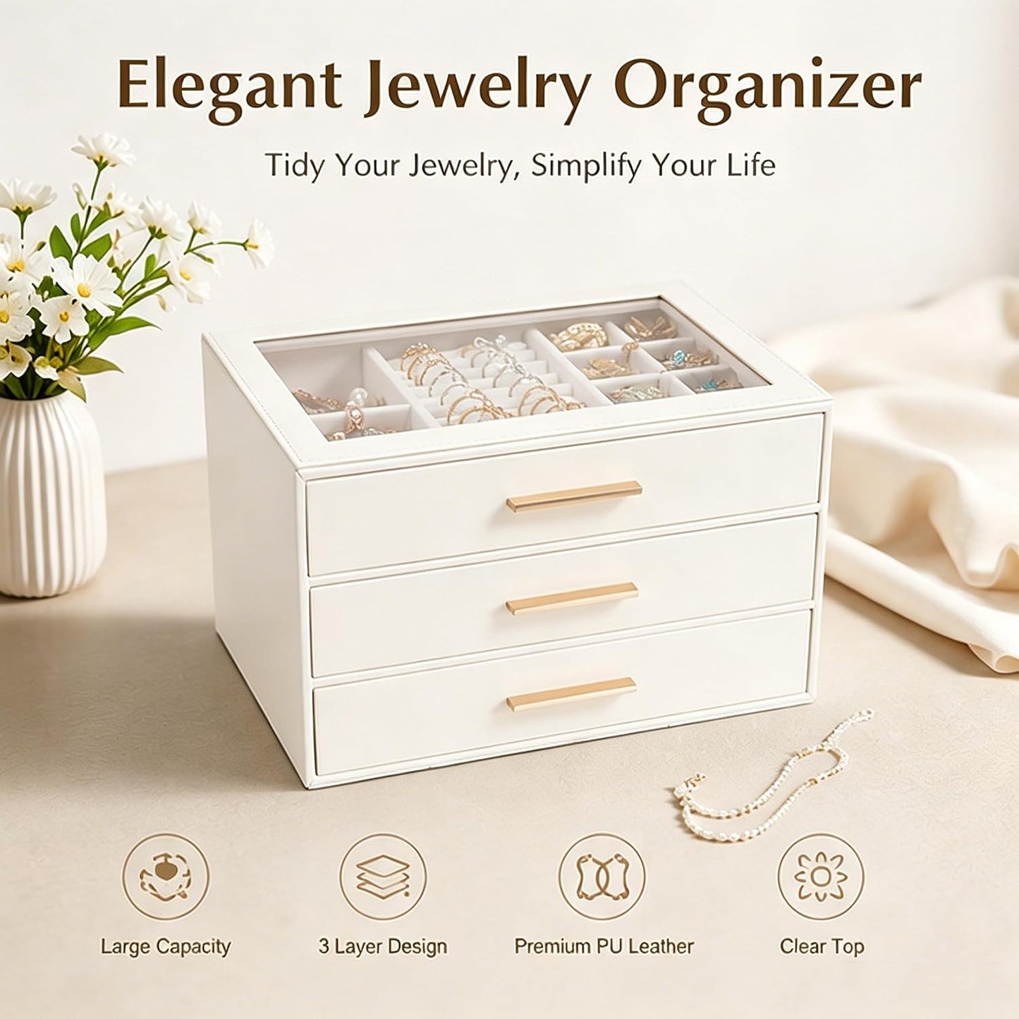 GUOER Joyero para mujer, organizador de joyas con tapa de vidrio co...