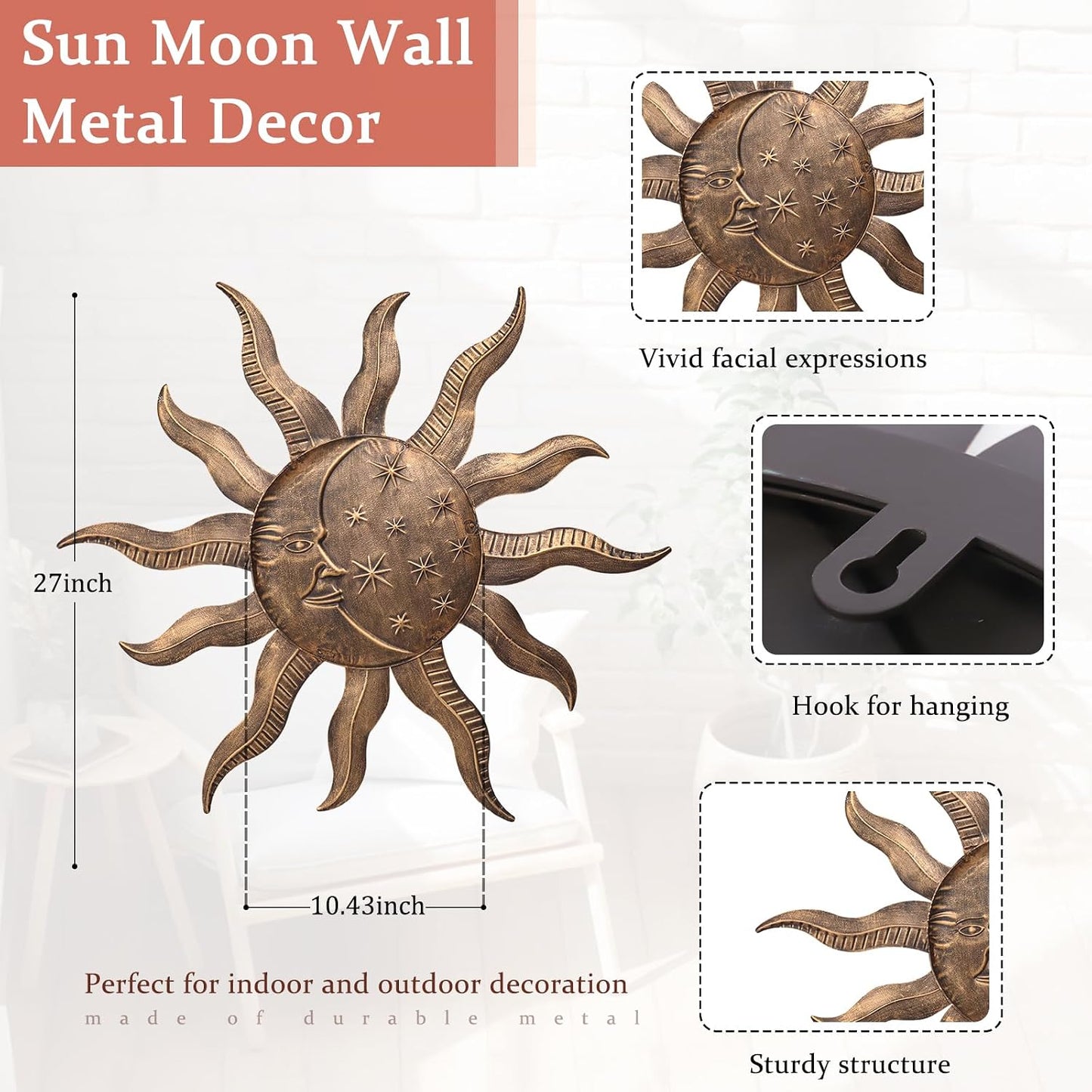 VCUTEKA Arte de pared de metal con sol de 27 pulgadas, decoración p...